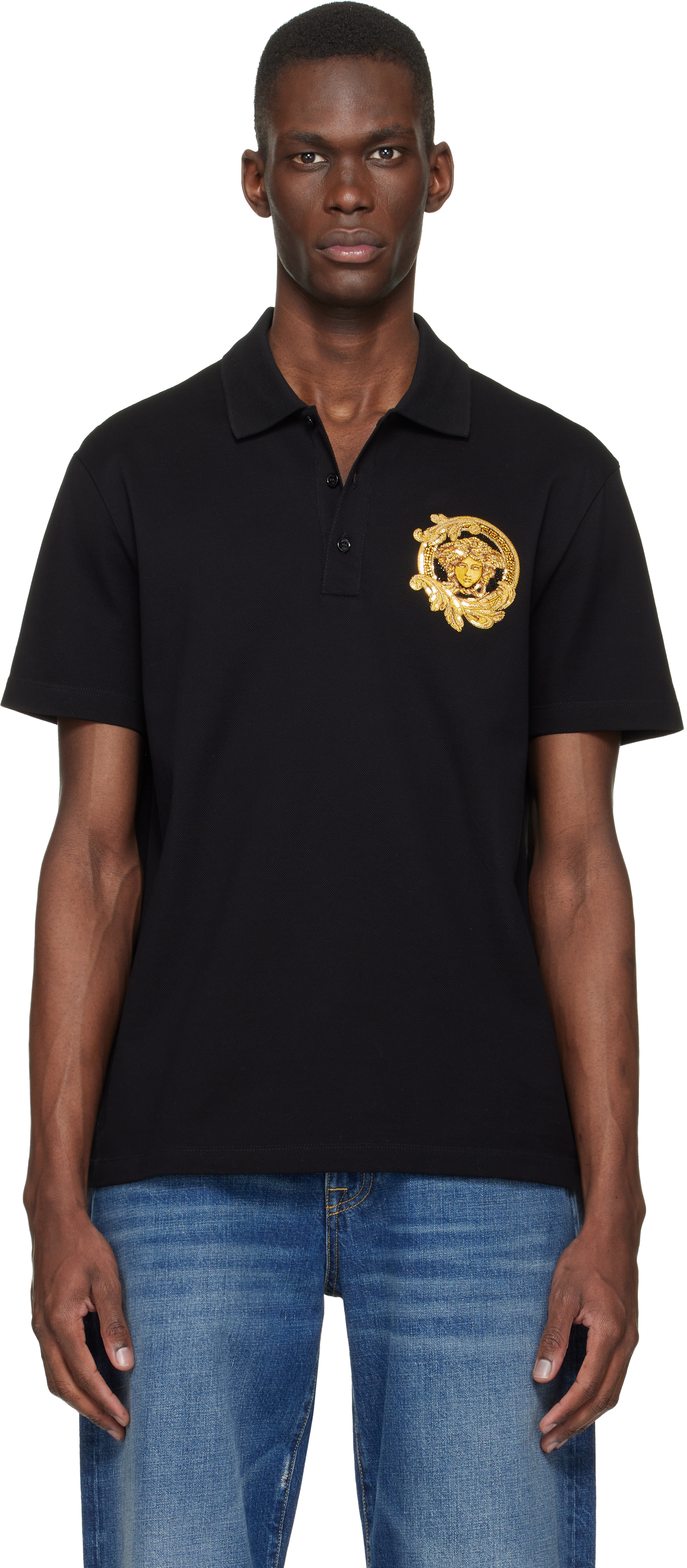 Versace Black Embroidered Cotton Piqué Polo