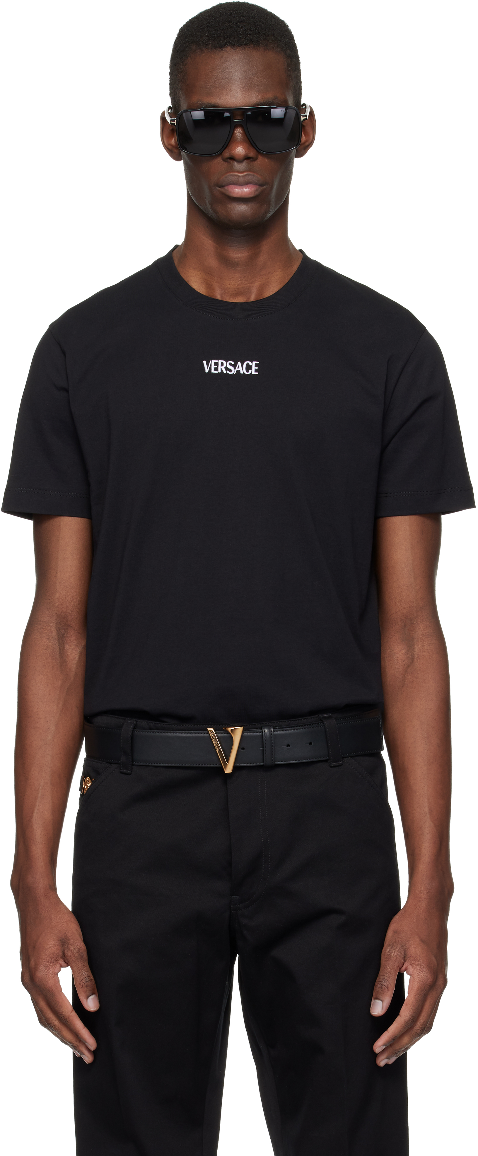 Versace: Black Embroidered Cotton-Jersey Slim T-shirt | SSENSE
