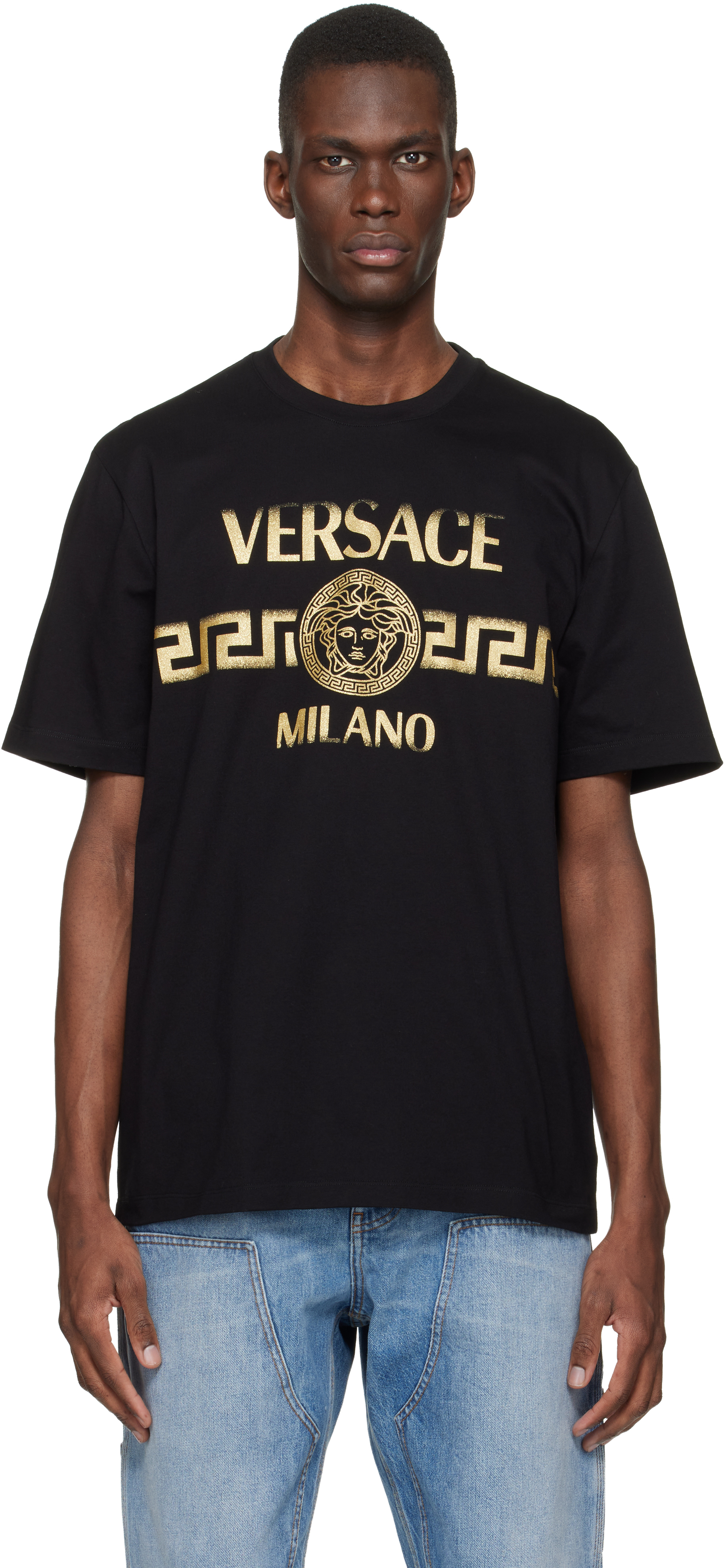 Black Printed Cotton-Jersey Regular T-shirt by Versace on Sale