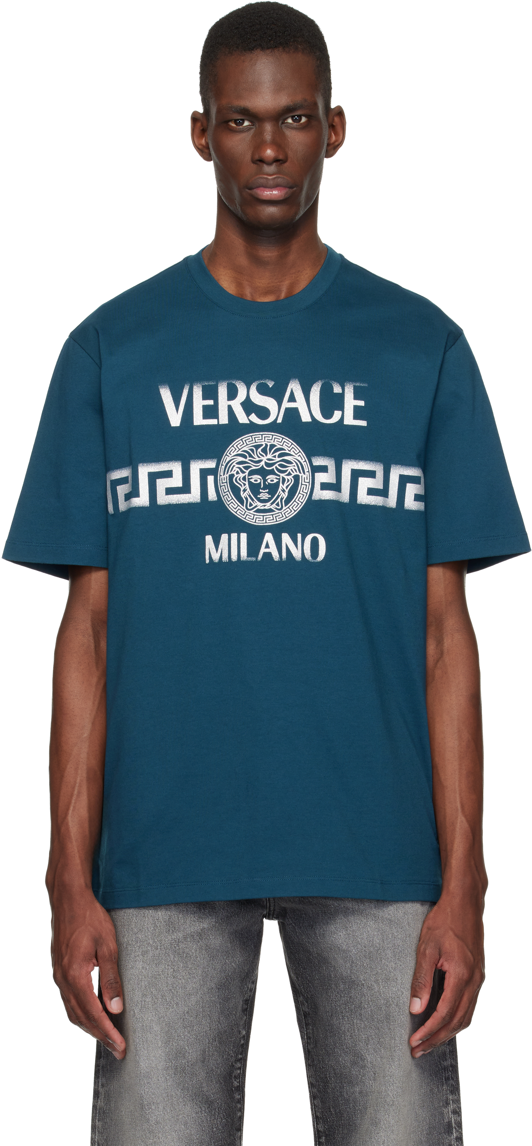 VERSACE ロゴ コットンTシャツ Versaceのネイビー Printed コットンジャージ レギュラー Tシャツが