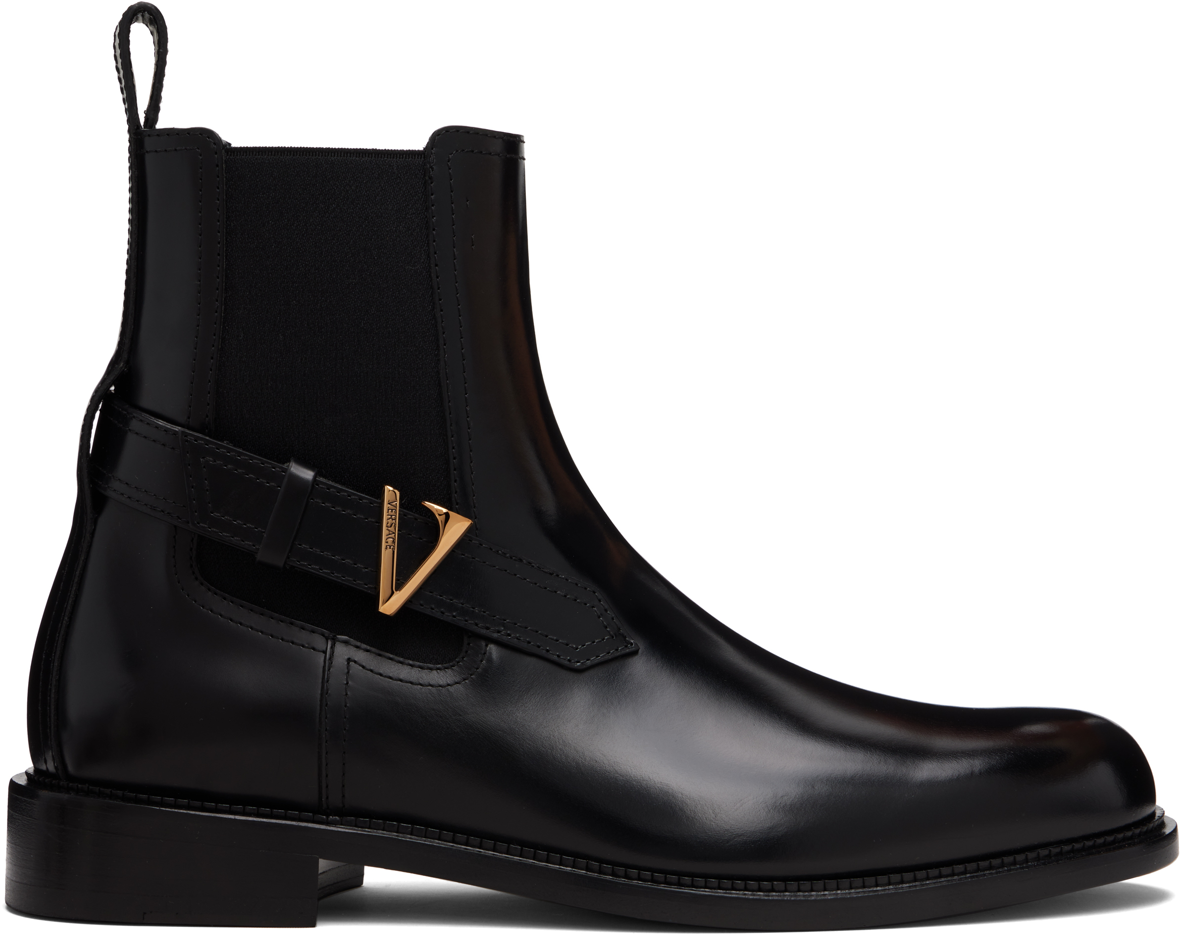 Black V Leather Chelsea Boots by Versace on Sale