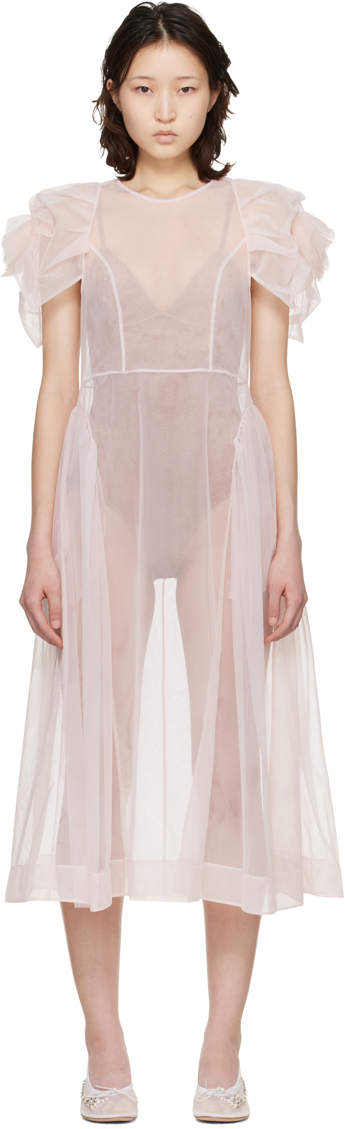 Simone Rocha: Pink Rose Puff Sleeve Hip Midi Dress | SSENSE