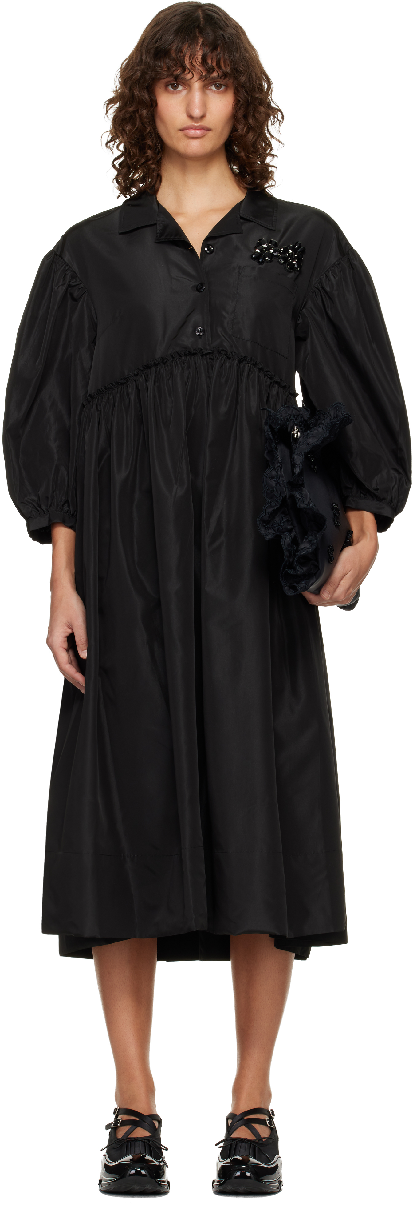 Simone Rocha Black Embellished Signature Smock Shirt Midi Dress