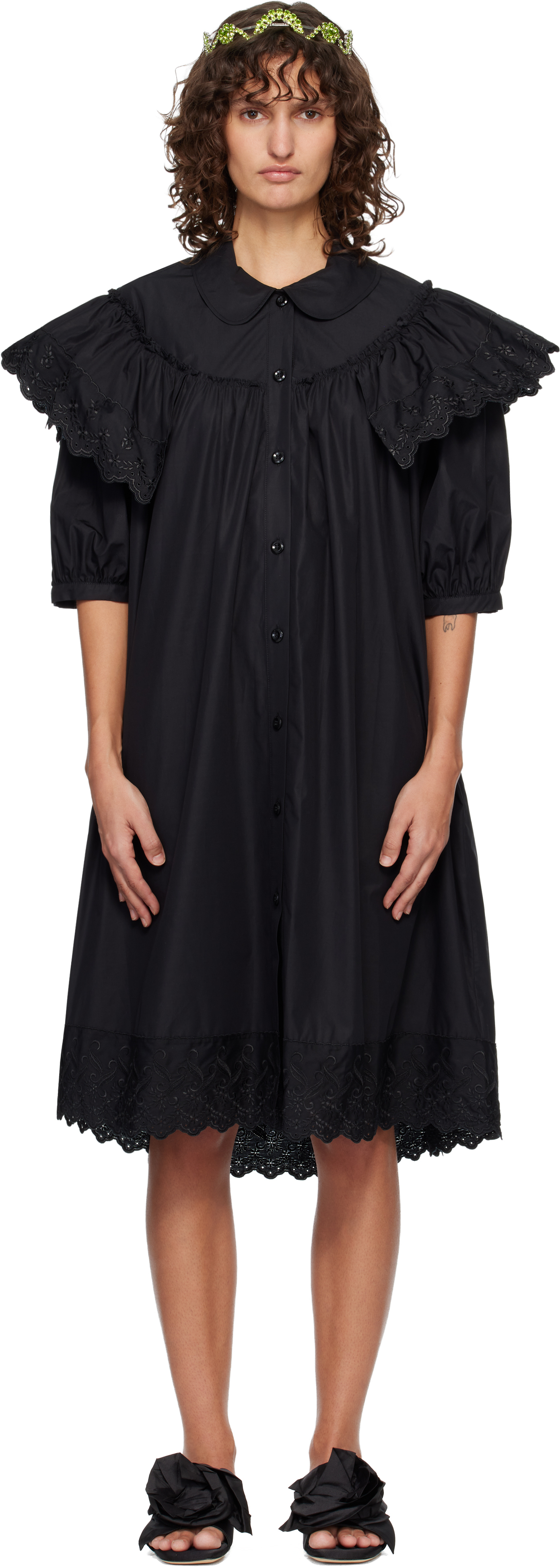 Simone Rocha: Black Puff Sleeve Ruffle Frill Trim Shirt Midi Dress | SSENSE