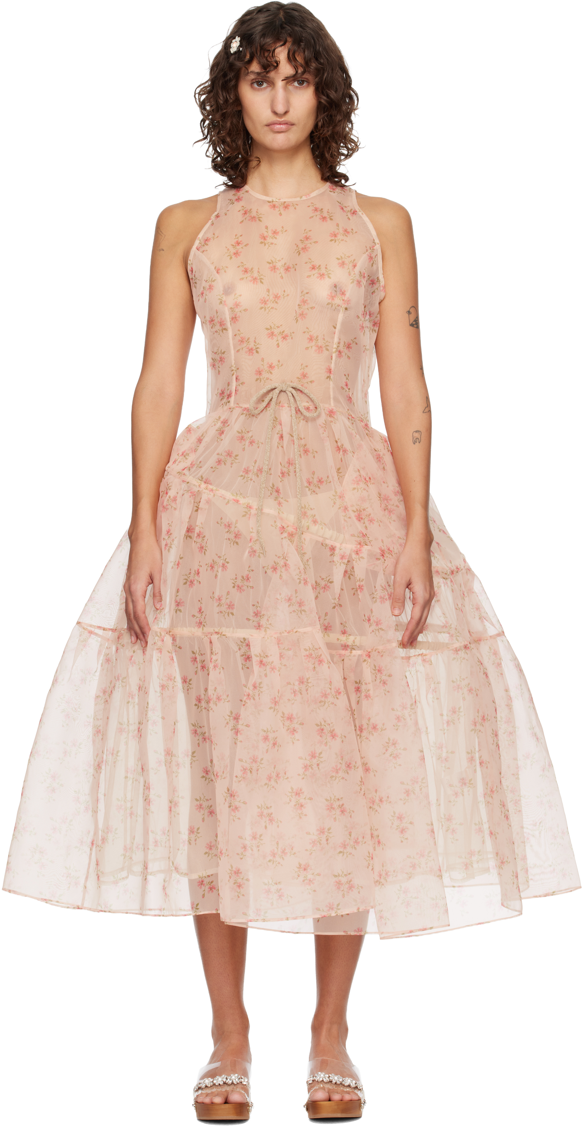 Simone Rocha Pink Tapered Back Hoop Flounce Maxi Dress