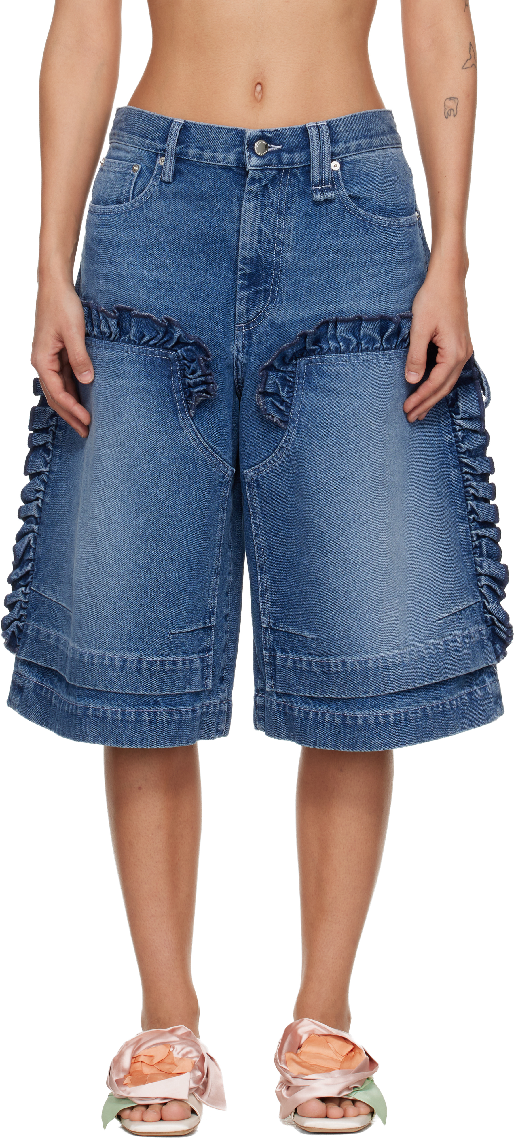 Simone Rocha: Blue Ruffle Frill Denim Board Shorts | SSENSE