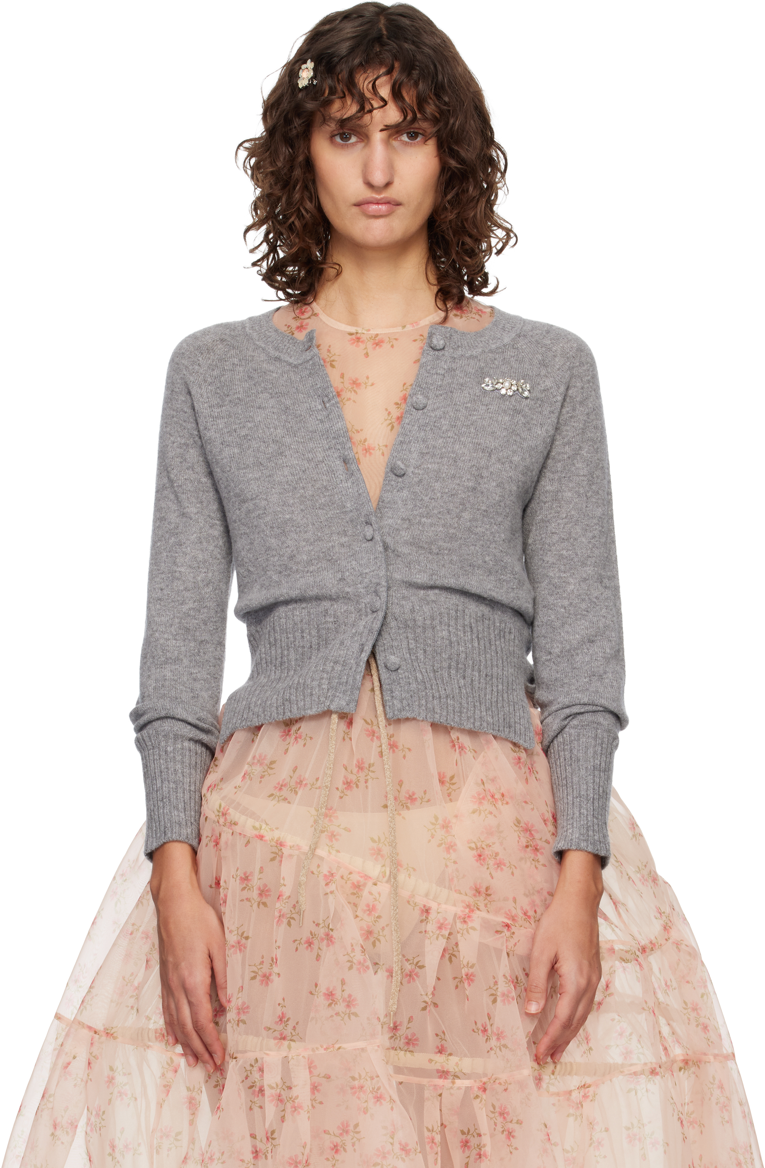 Simone Rocha Gray Embellished Relaxed Cashmere Cardigan