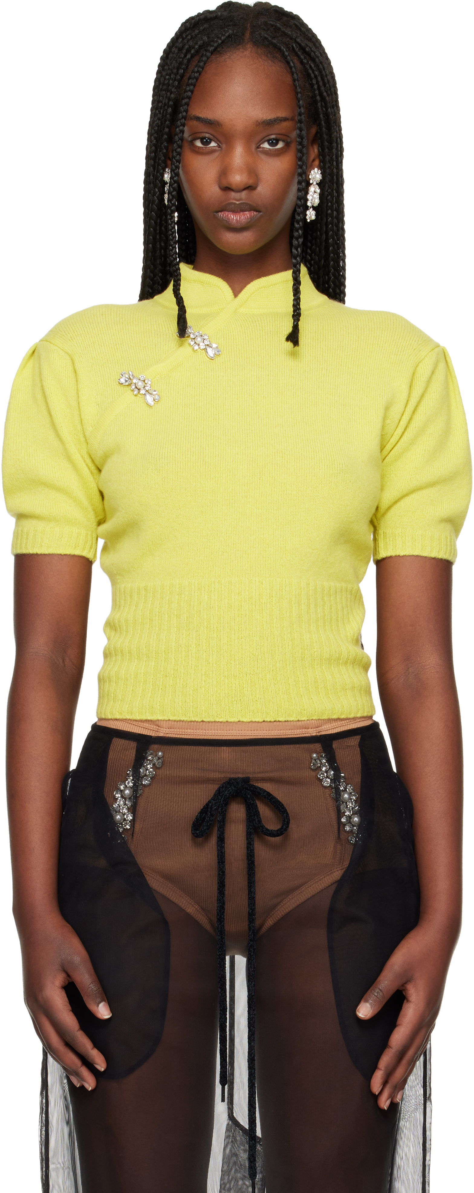 Simone Rocha Green Embellished Mandarin Collar Cashmere Sweater