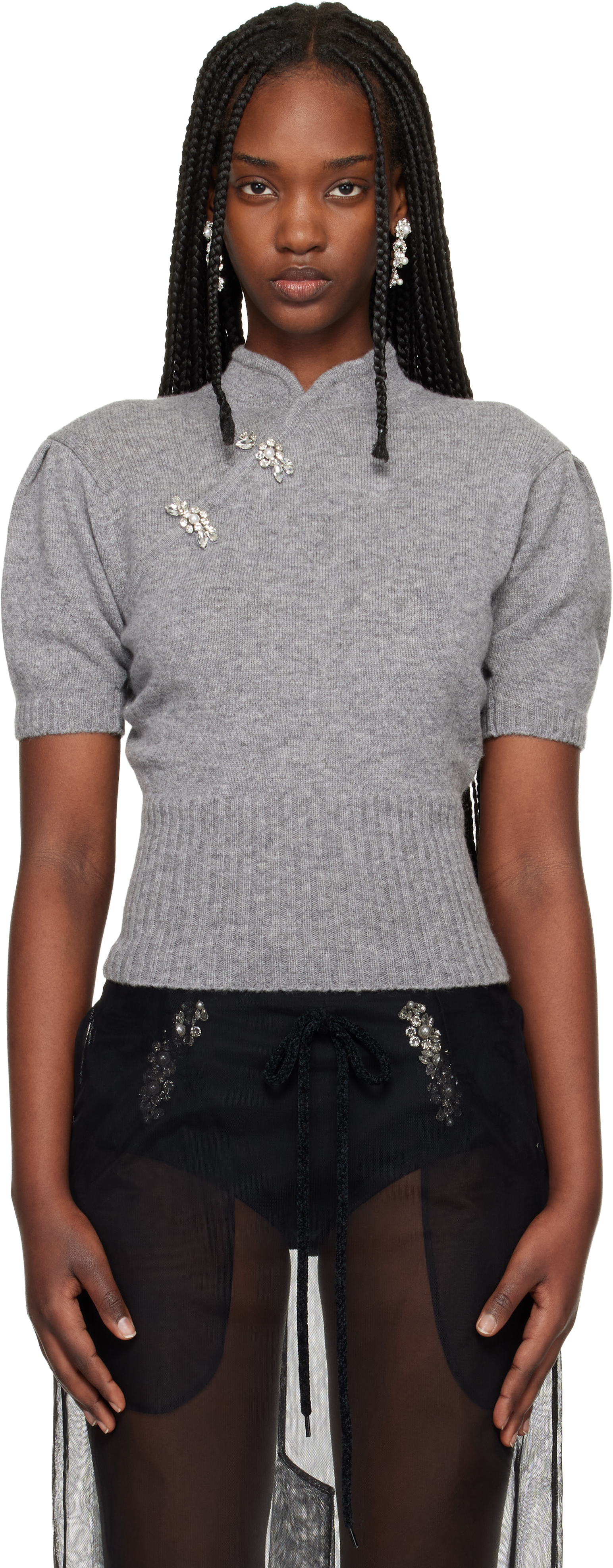 Simone Rocha Gray Embellished Mandarin Collar Cashmere Sweater