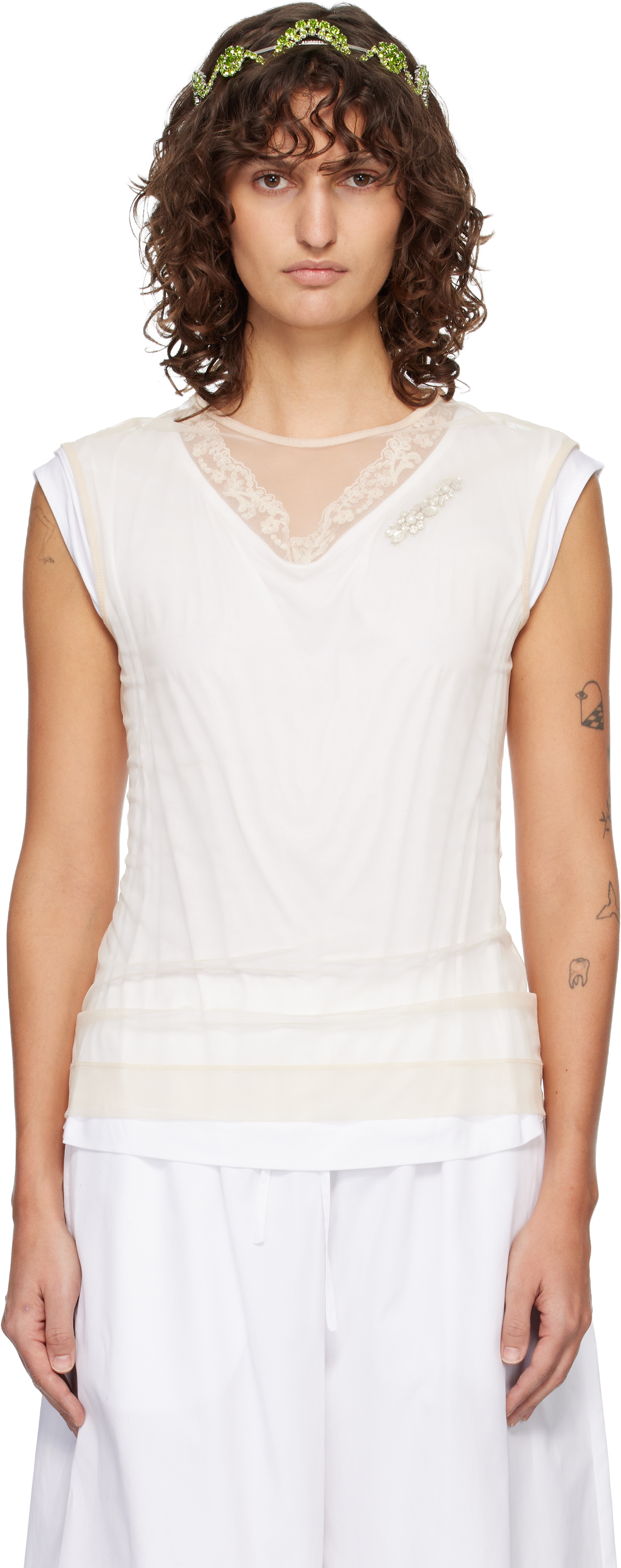 トップス simone rocha Simone Rocha: ホワイト＆ベージュ Layered Liquid Lace Trim トップス