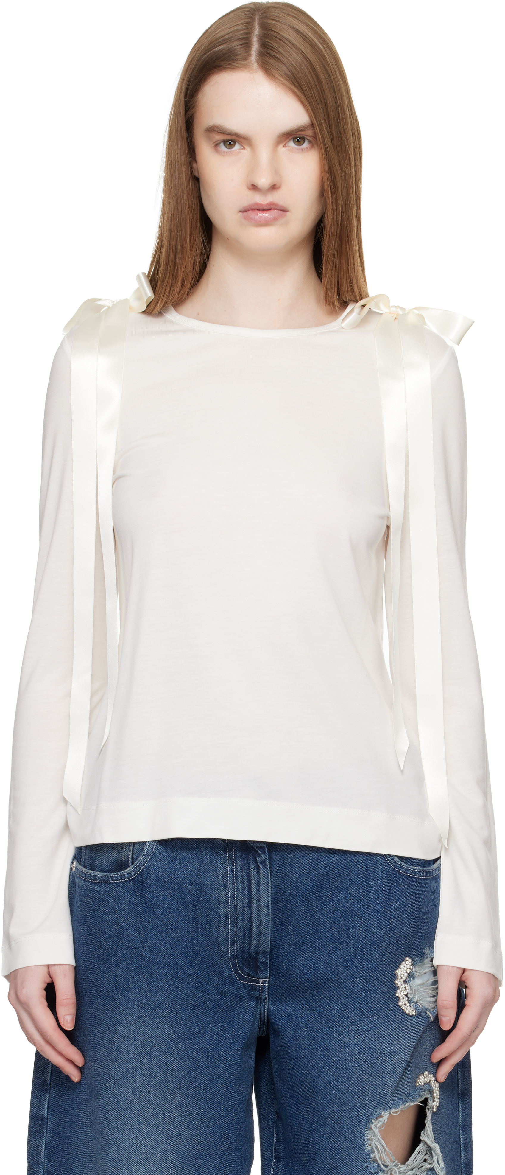 Simone Rocha Off-White Bow Ribbon Tail Long Sleeve T-shirt