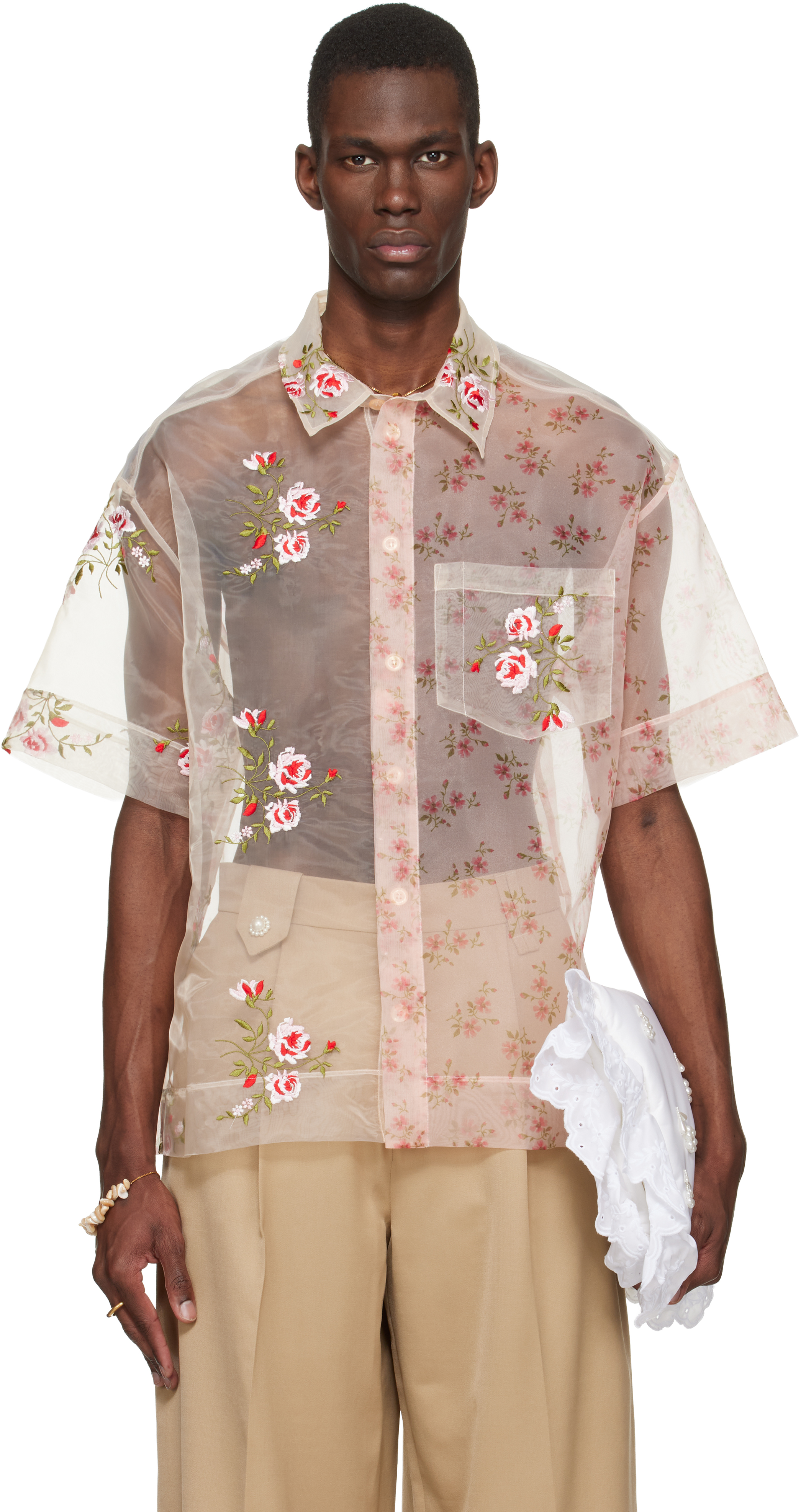 Simone Rocha Pink Sheer Patchwork Boxy Shirt