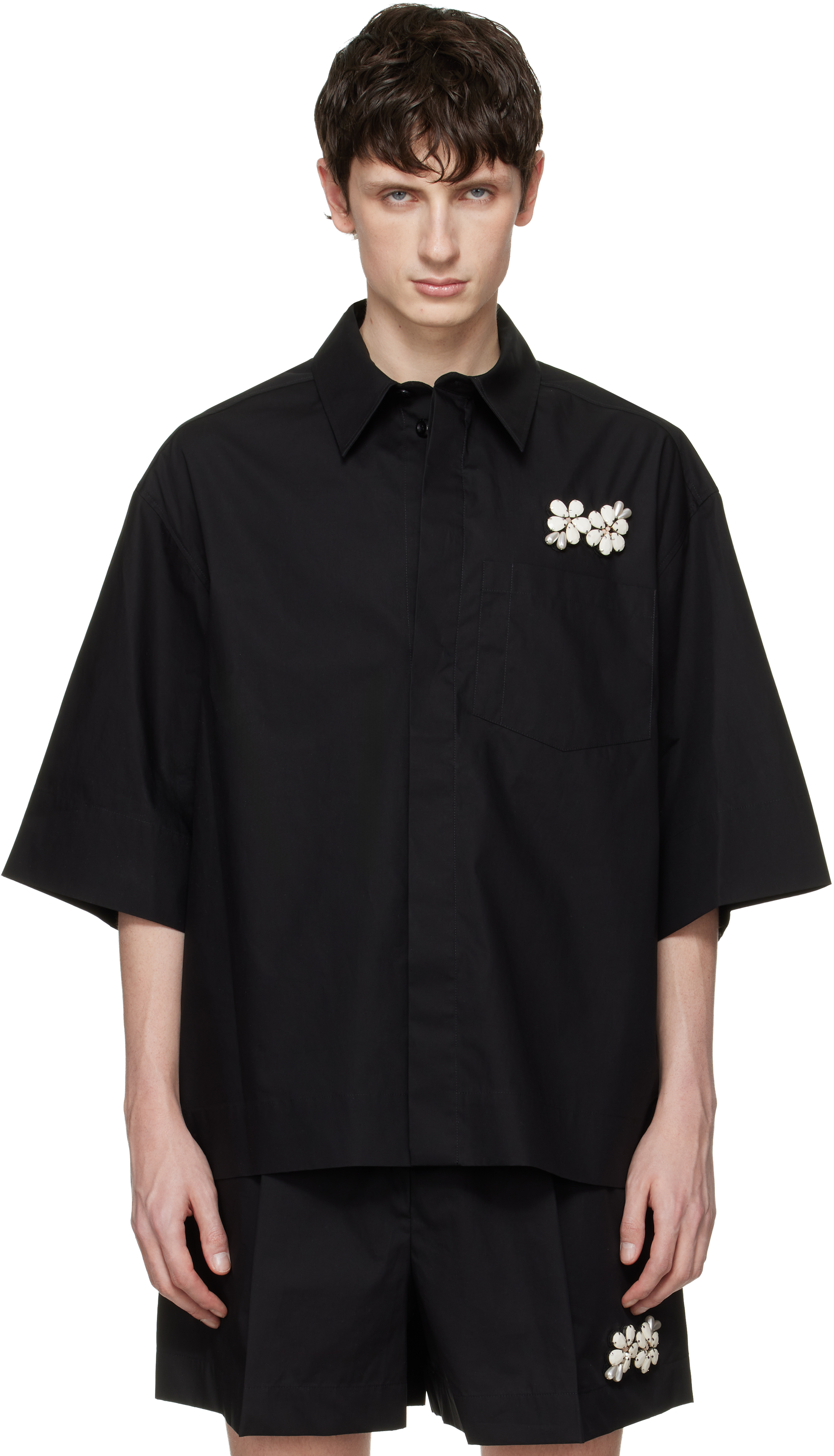 Simone Rocha Black Embellished Boxy Pen Pocket Shirt