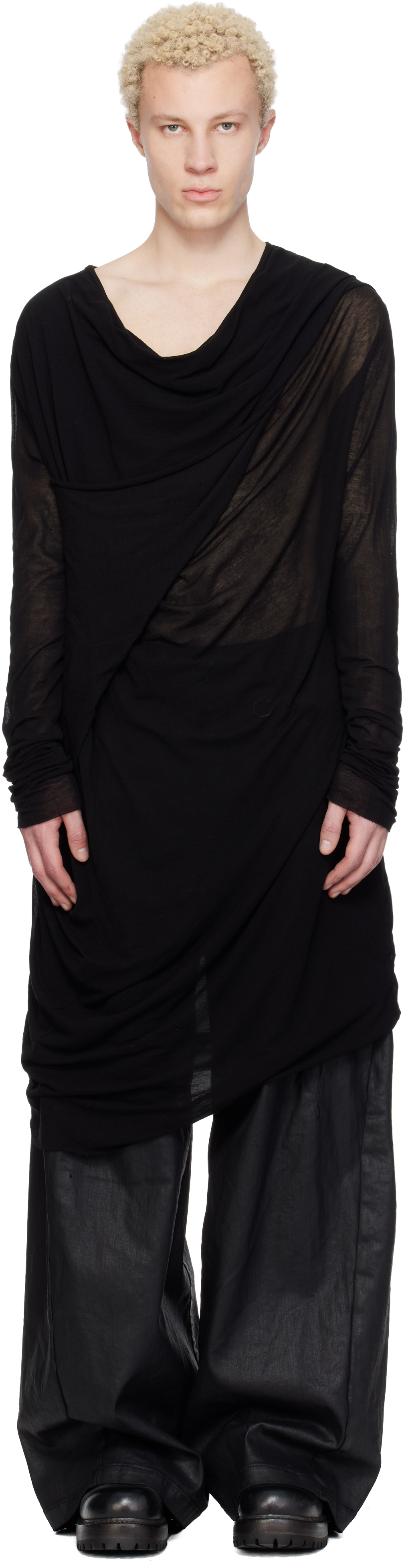 Julius: Black Drop Neck Drape T-shirt | SSENSE
