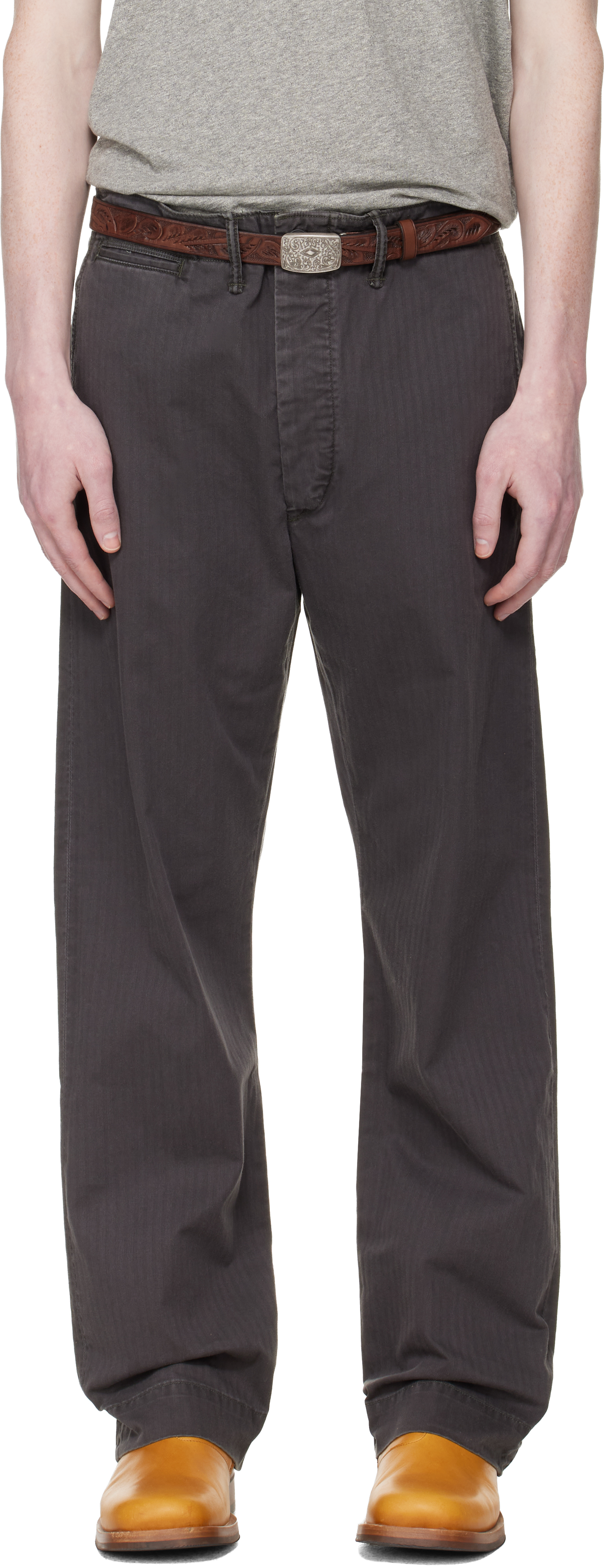 RRL: Gray Herringbone Twill Field Trousers | SSENSE