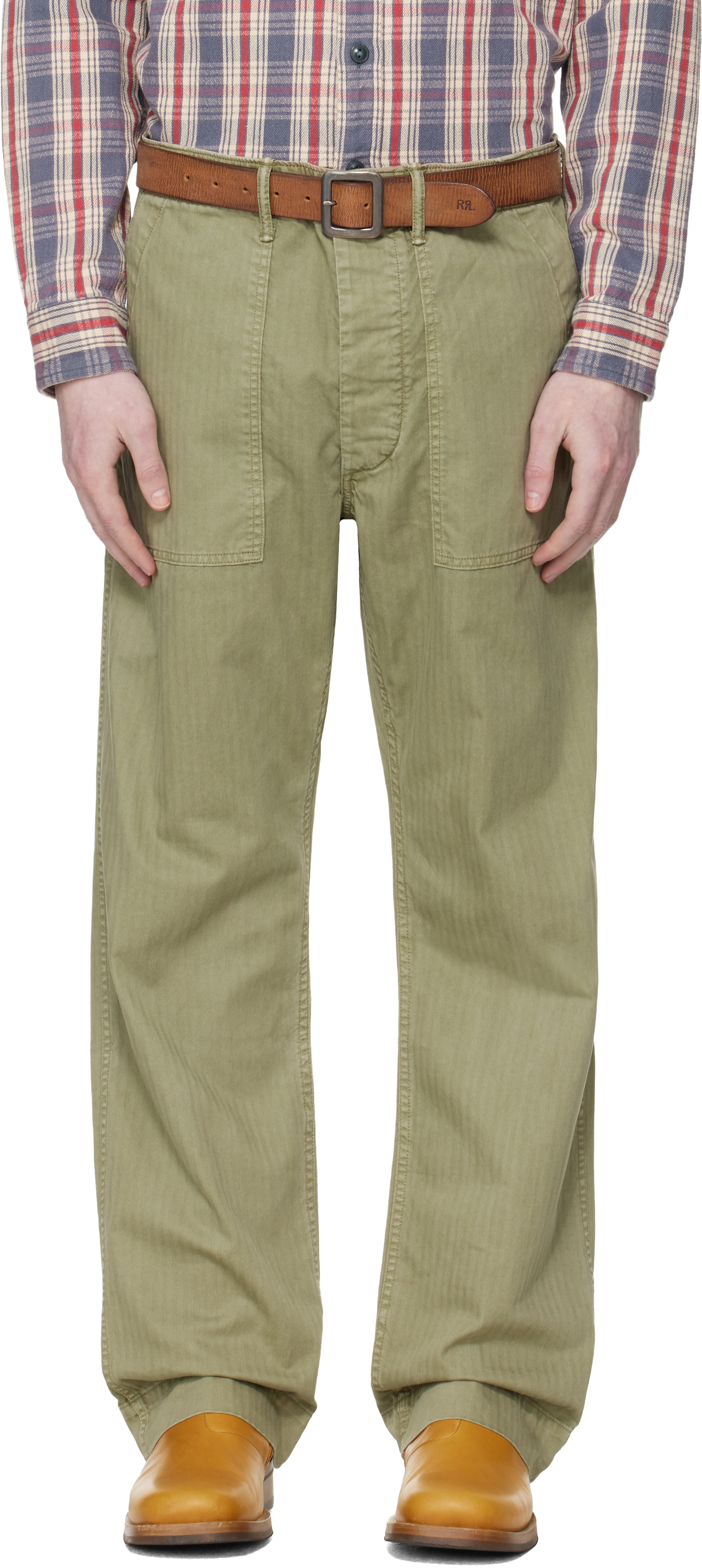 RRL: Green Herringbone Utility Trousers | SSENSE