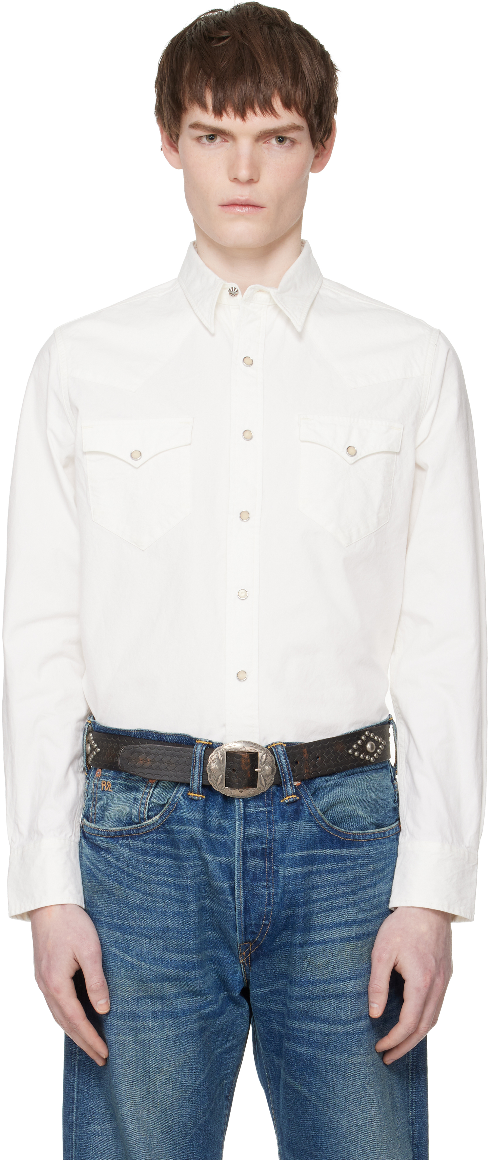 RRL: ホワイト スリムフィット ポプリン ウエスタンシャツ | SSENSE 日本