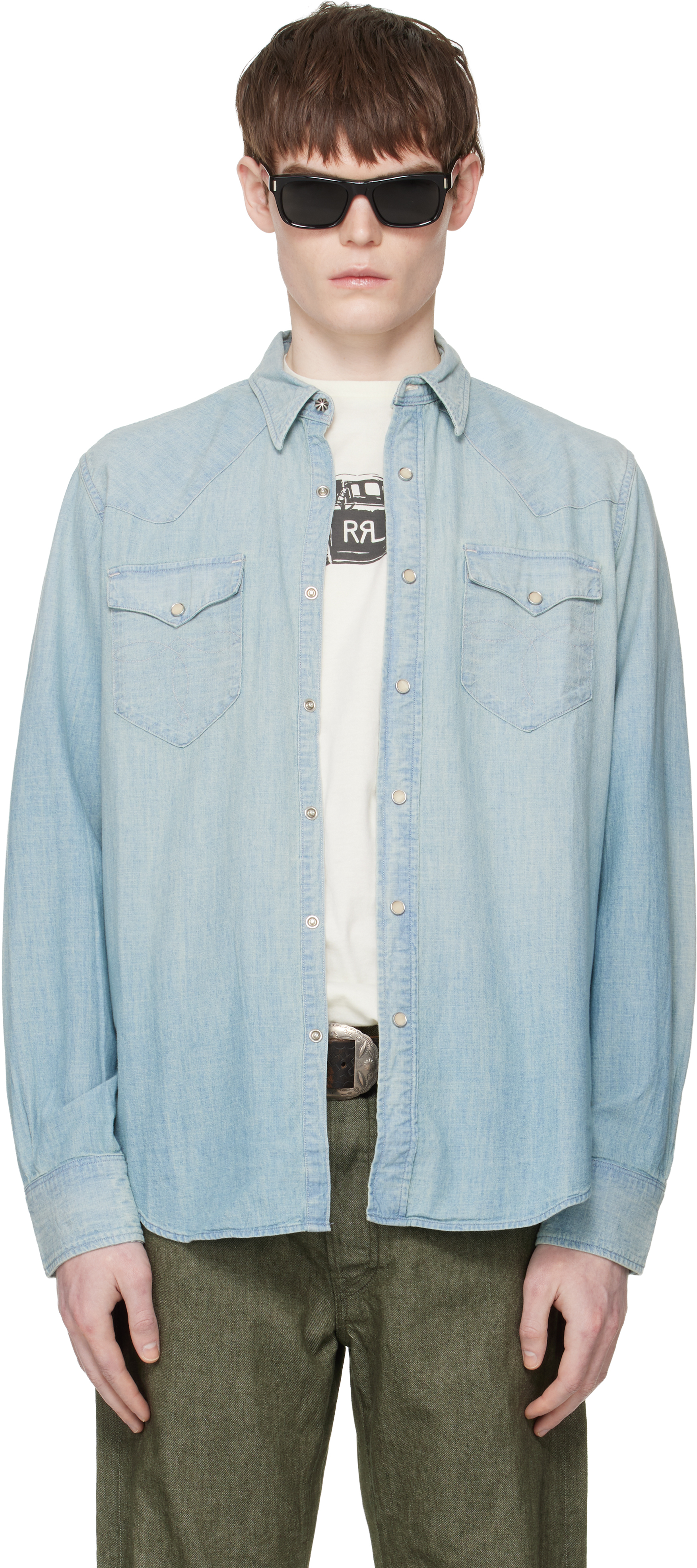 RRL: ブルー スリムフィット シャンブレー ウエスタンシャツ | SSENSE 日本