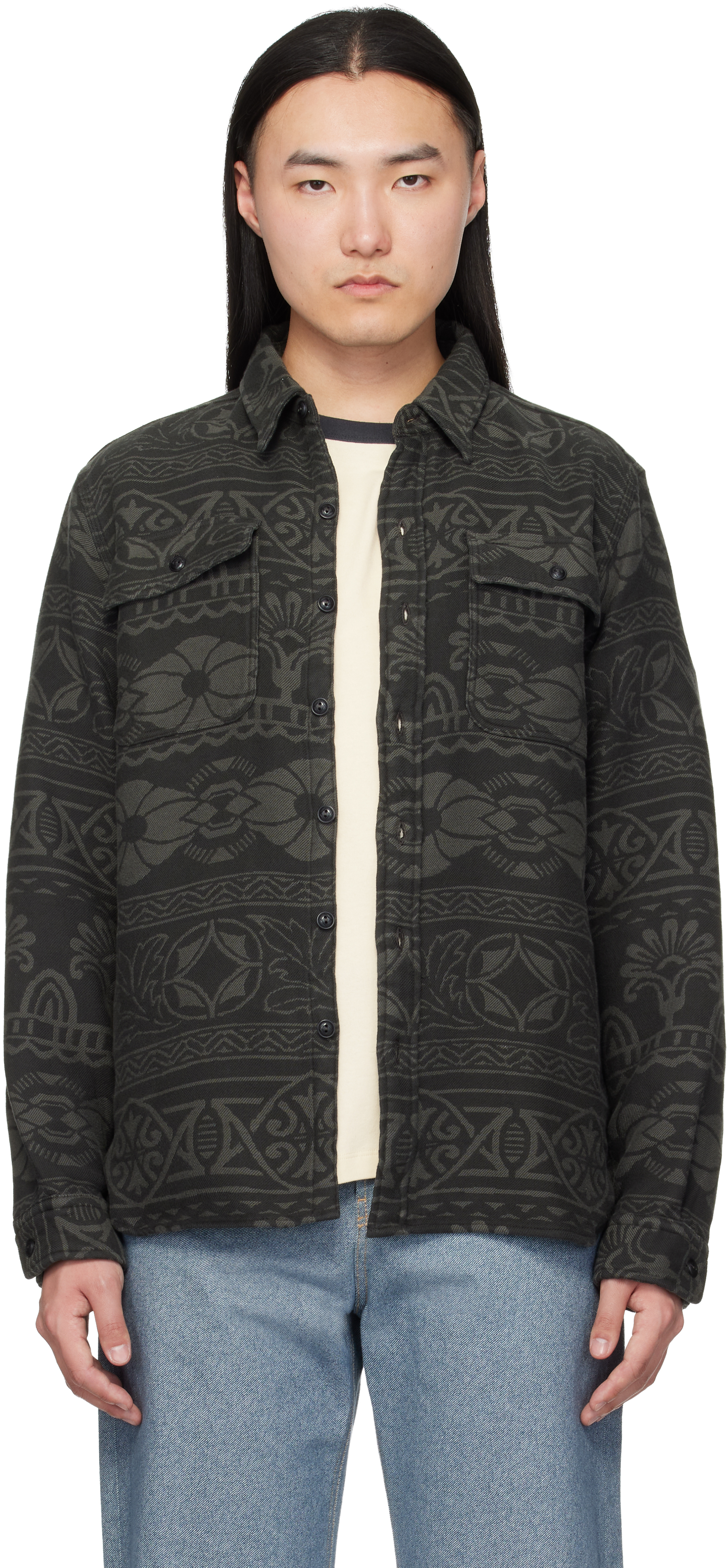RRL: Gray Jacquard Work Shirt | SSENSE