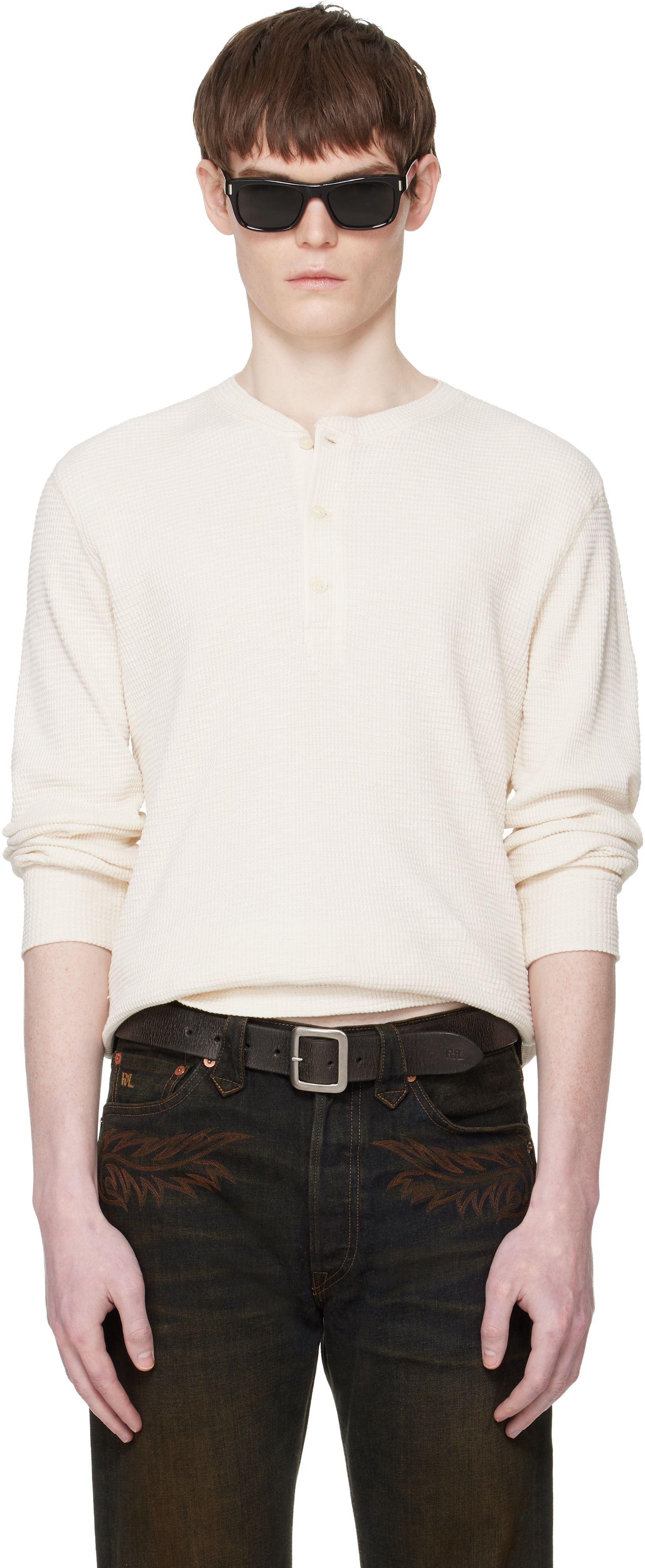 RRL: オフホワイト ワッフル ヘンリーネック Tシャツ | SSENSE 日本