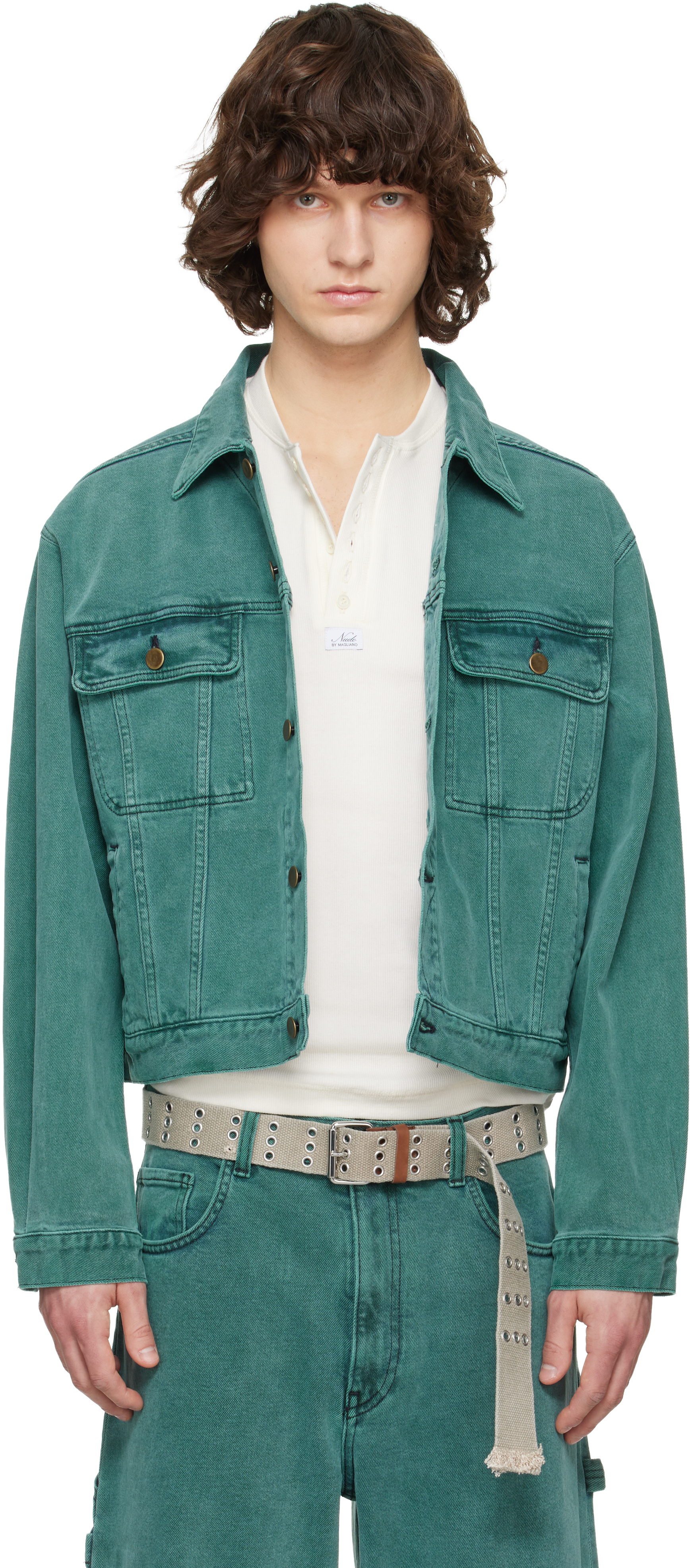 Green Faded Denim Jacket by Sanderlak on Sale