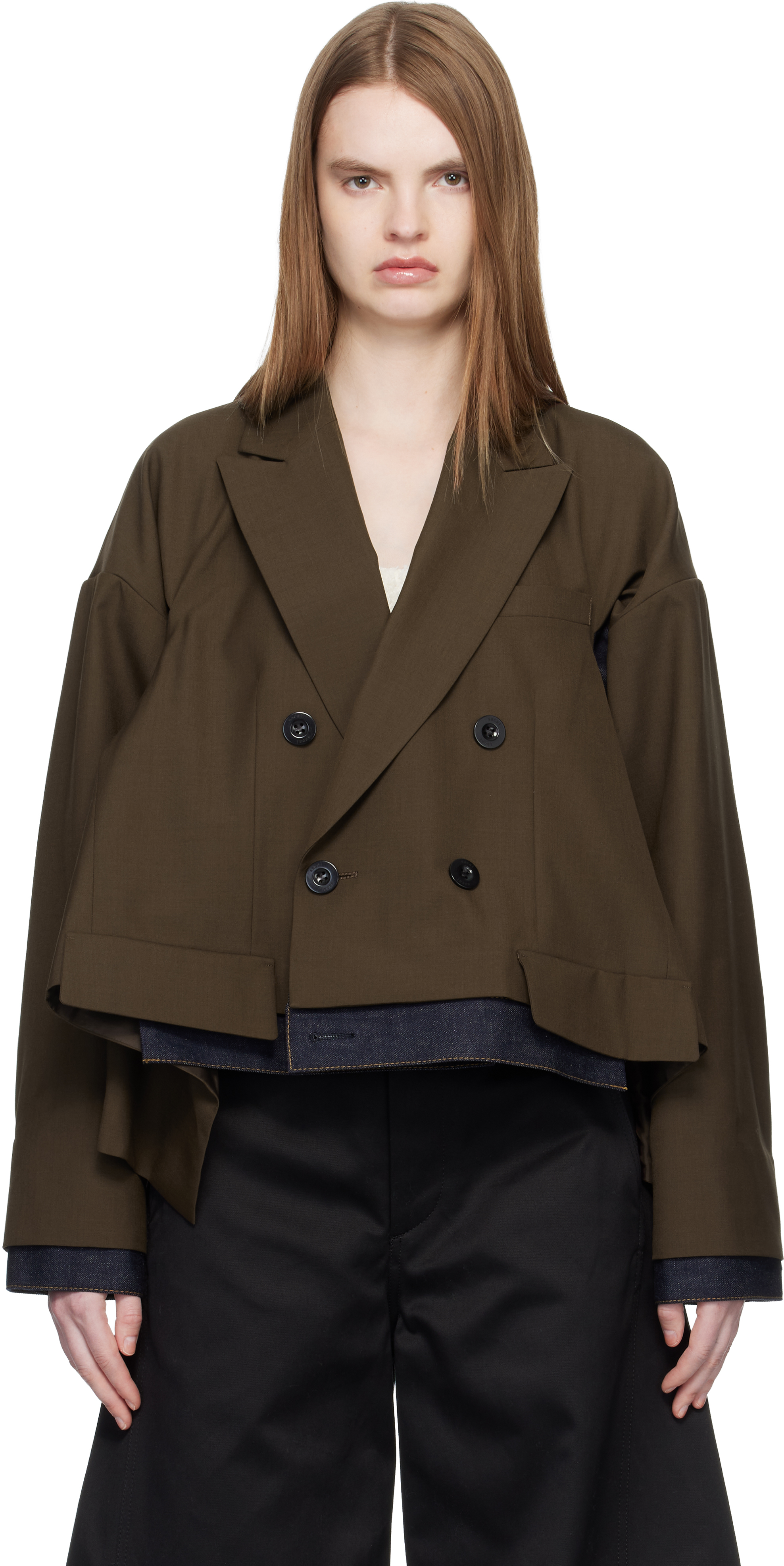 sacai: ブラウン Suiting & Denim テーラードジャケット | SSENSE 日本