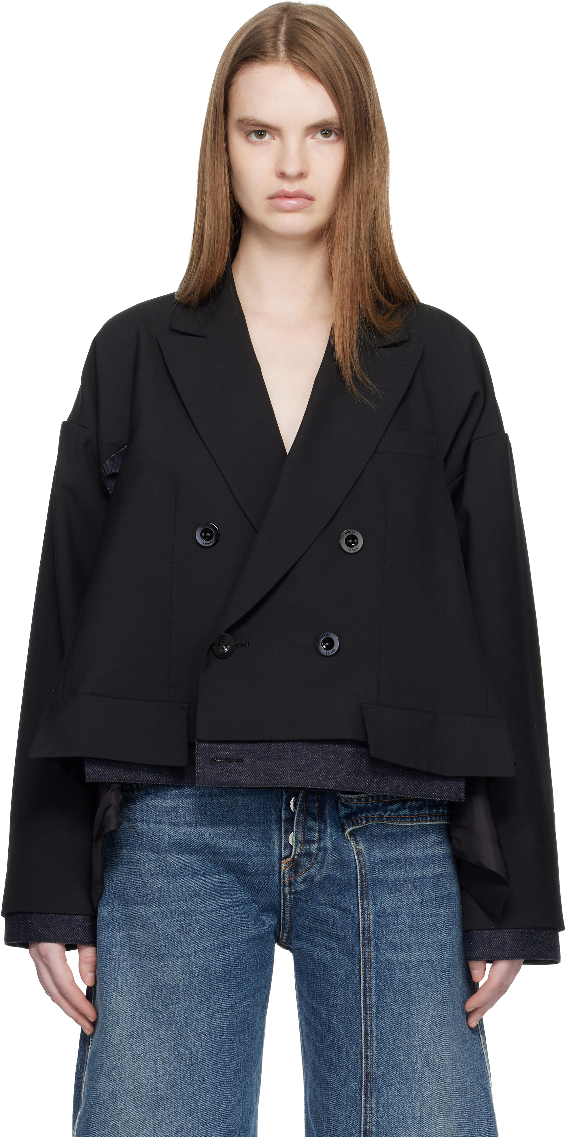 sacai: ブラック Suiting & Denim テーラードジャケット | SSENSE 日本