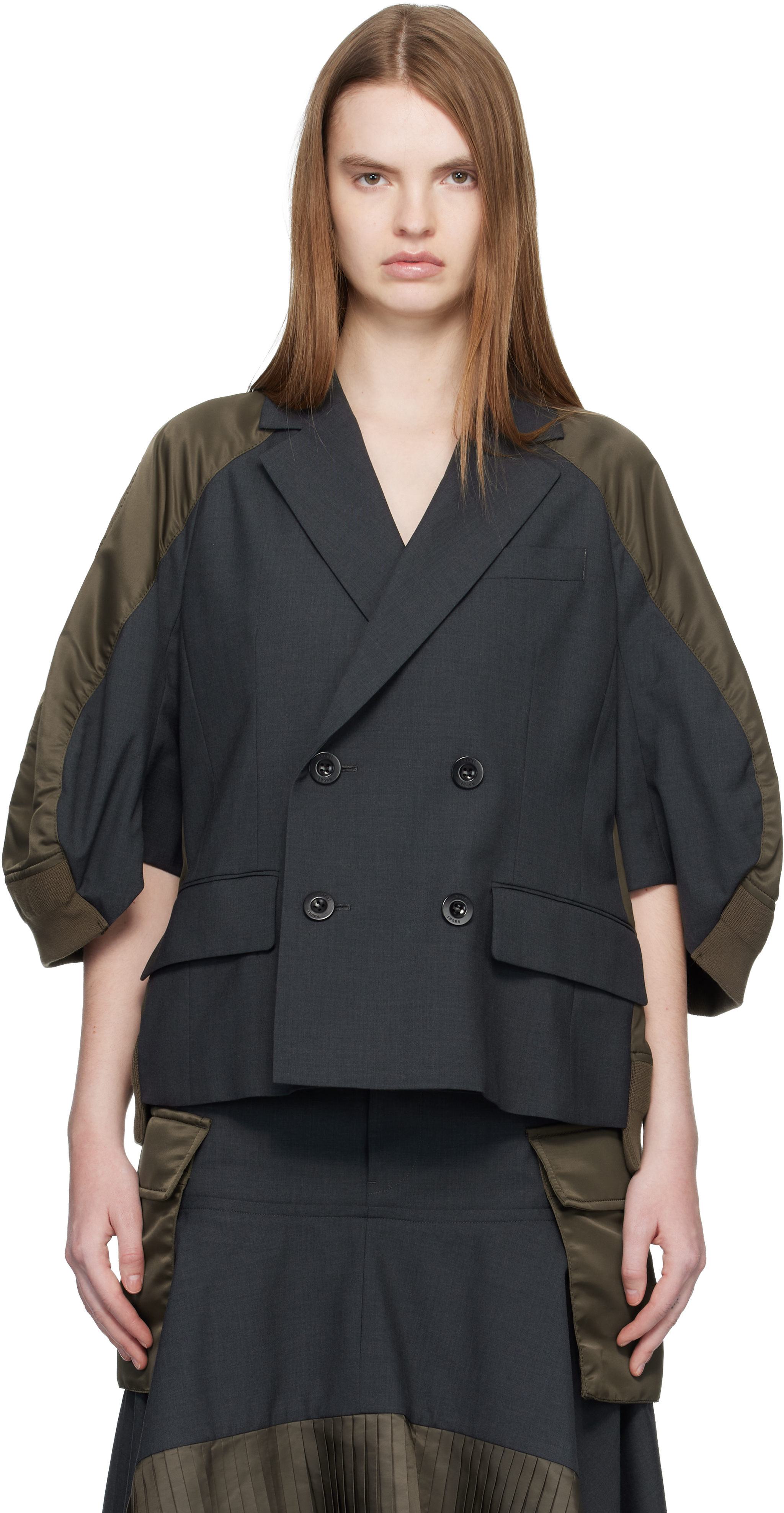 sacai: グレー＆カーキ Suiting ナイロンツイル テーラードジャケット