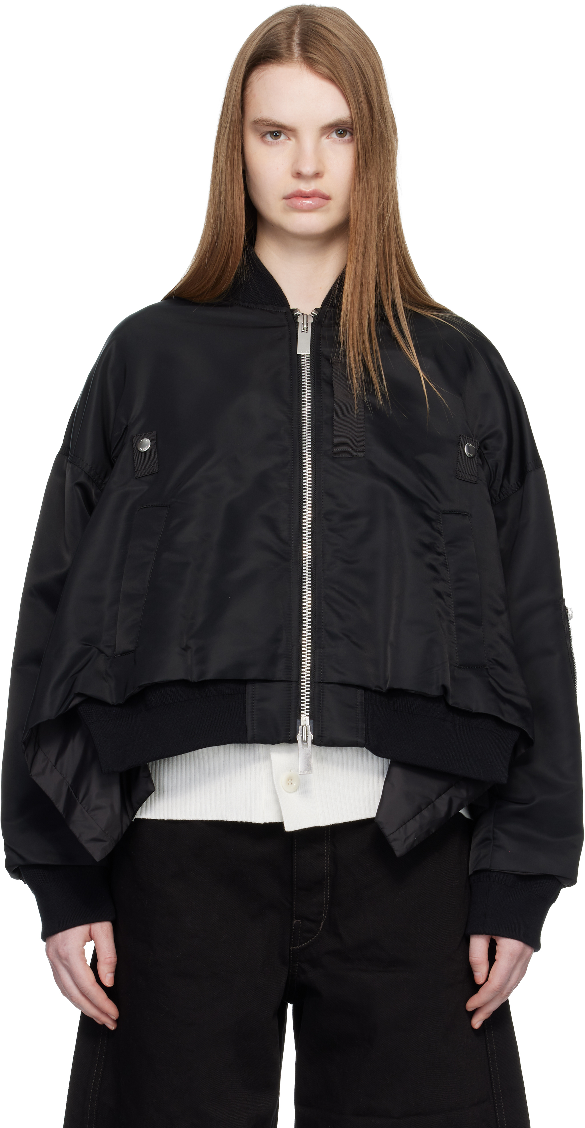 sacai サカイ ジャケット オフホワイト×ブラック レディース sacai-black-nylon-twill-bomber