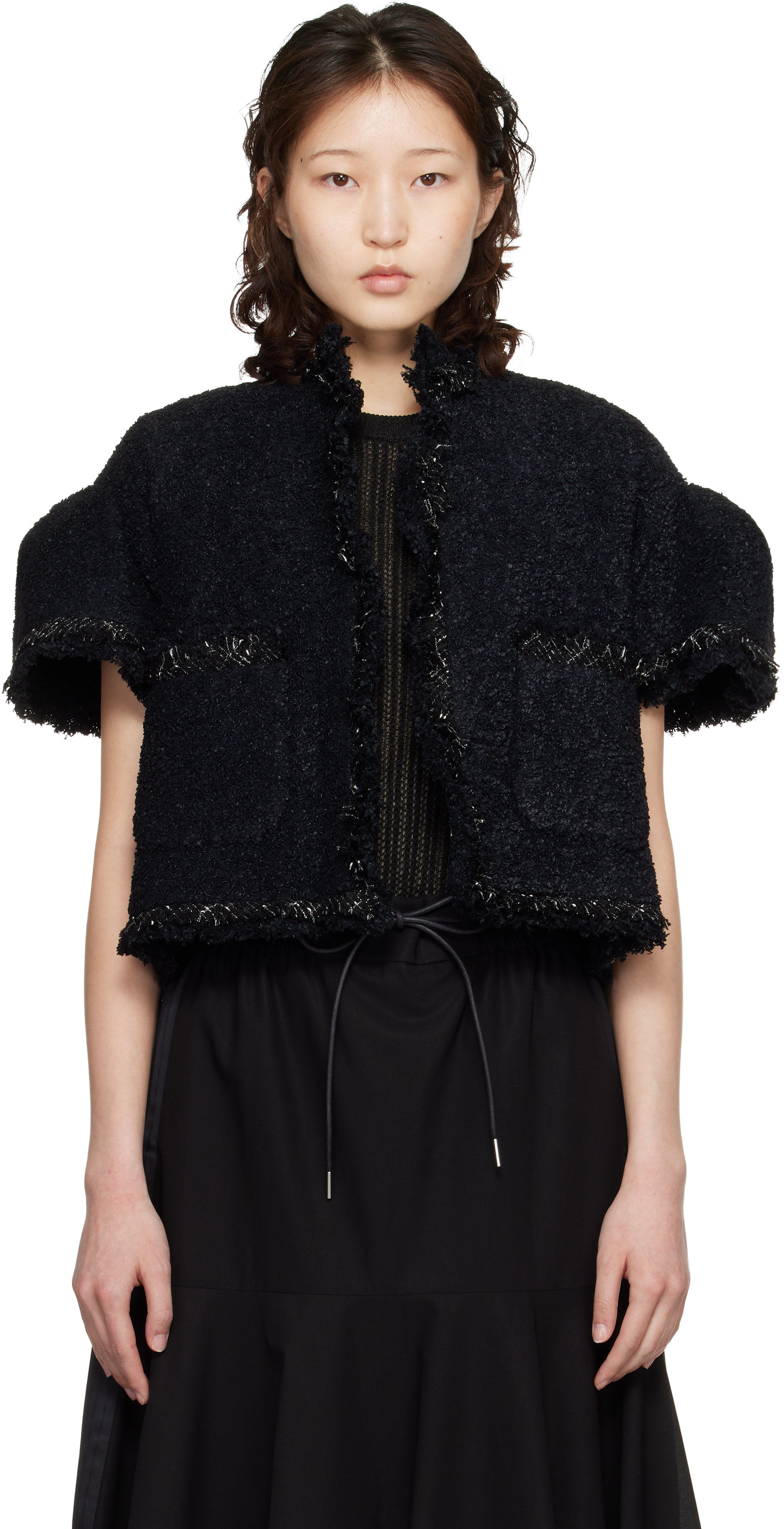 sacai: Black Tweed Jacket | SSENSE