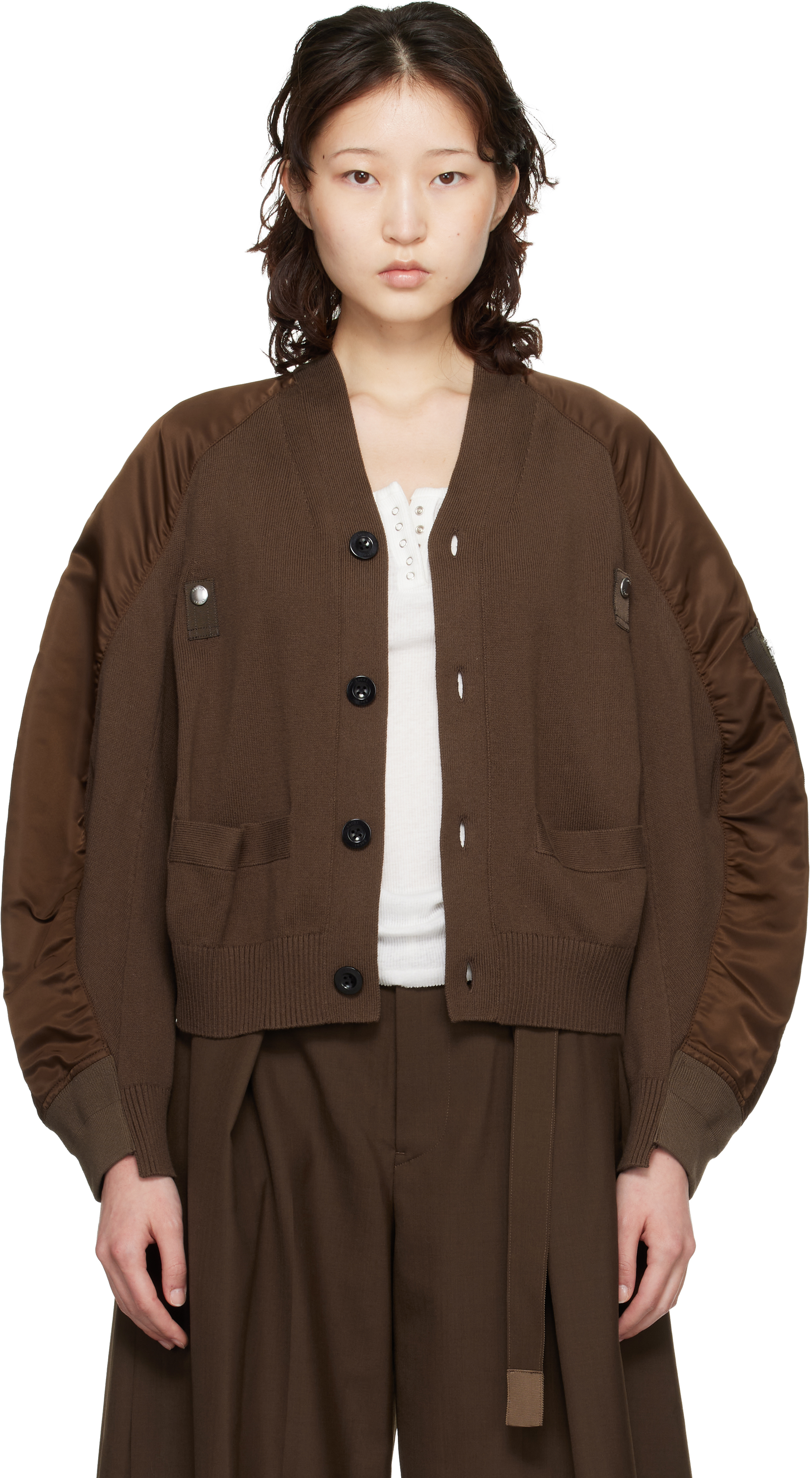 sacai: Brown Nylon Twill & Knit Cardigan | SSENSE