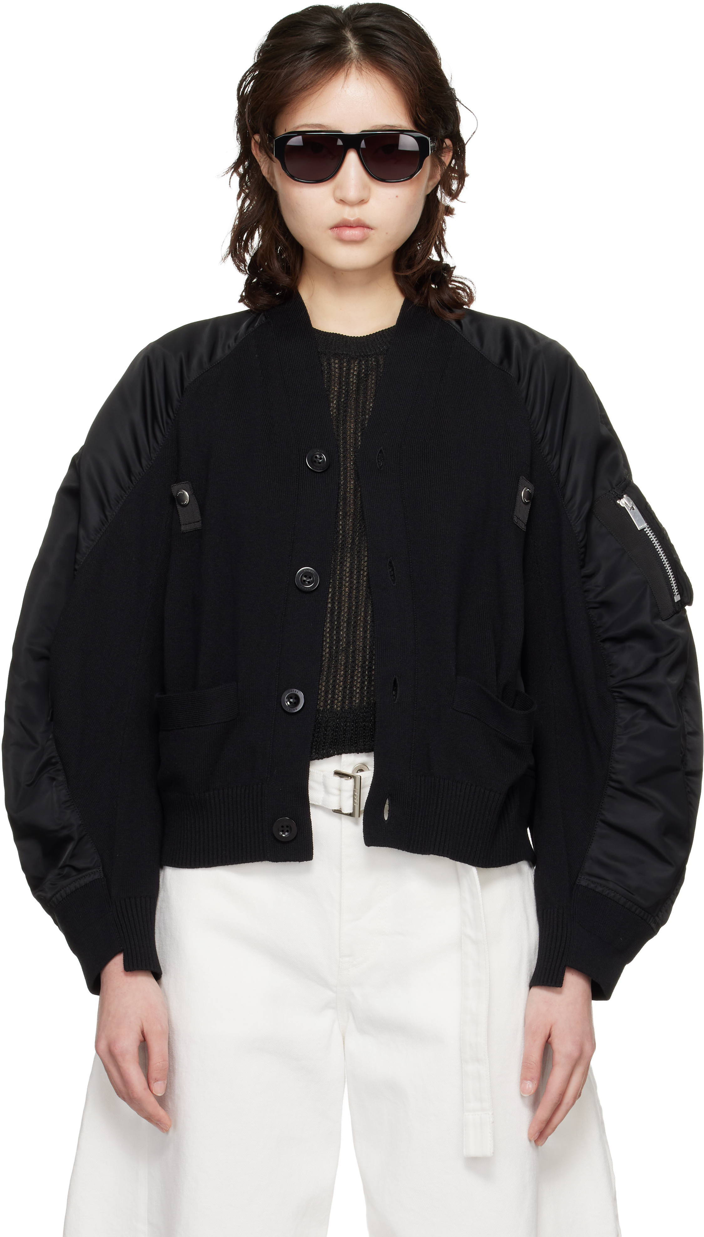 sacai: ブラック ナイロンツイル＆ニット カーディガン | SSENSE 日本