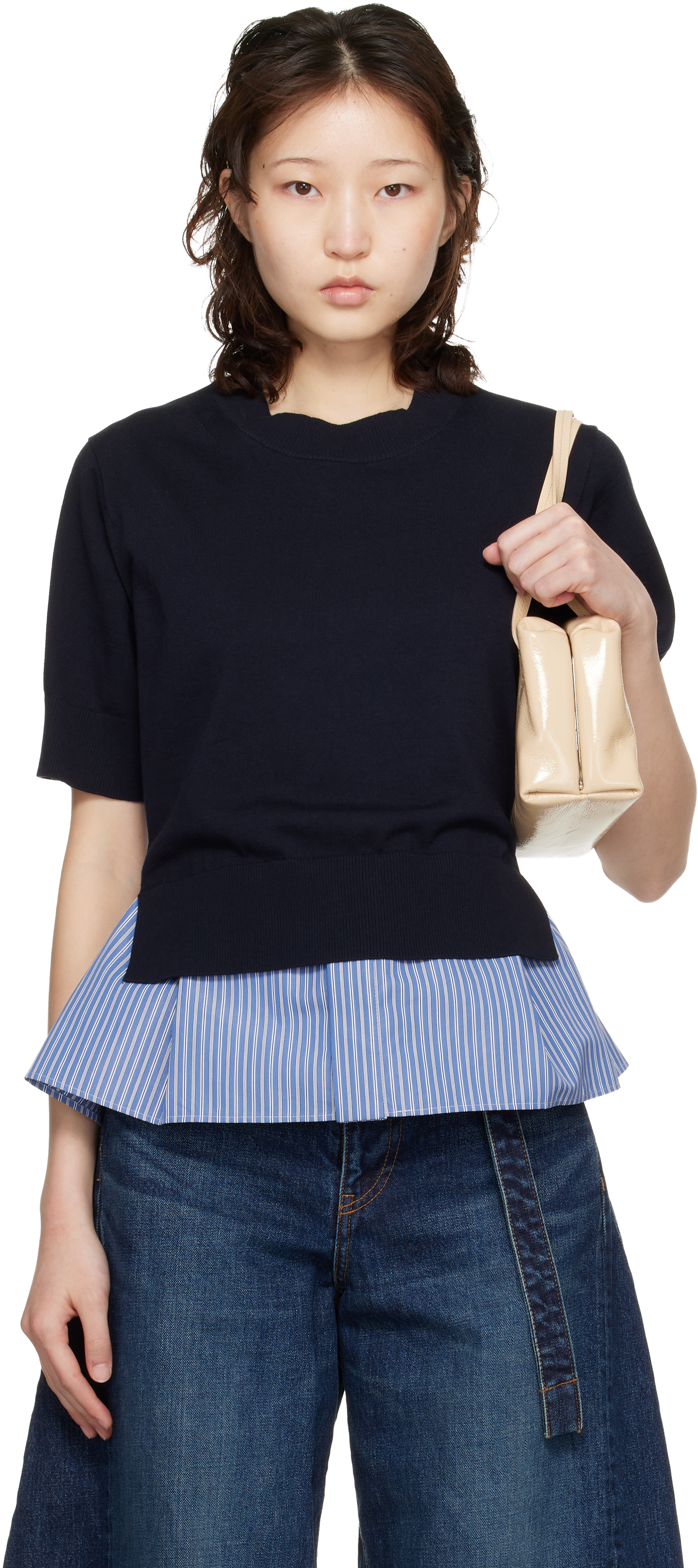 sacai Navy & Blue Poplin Cotton Knit Sweater
