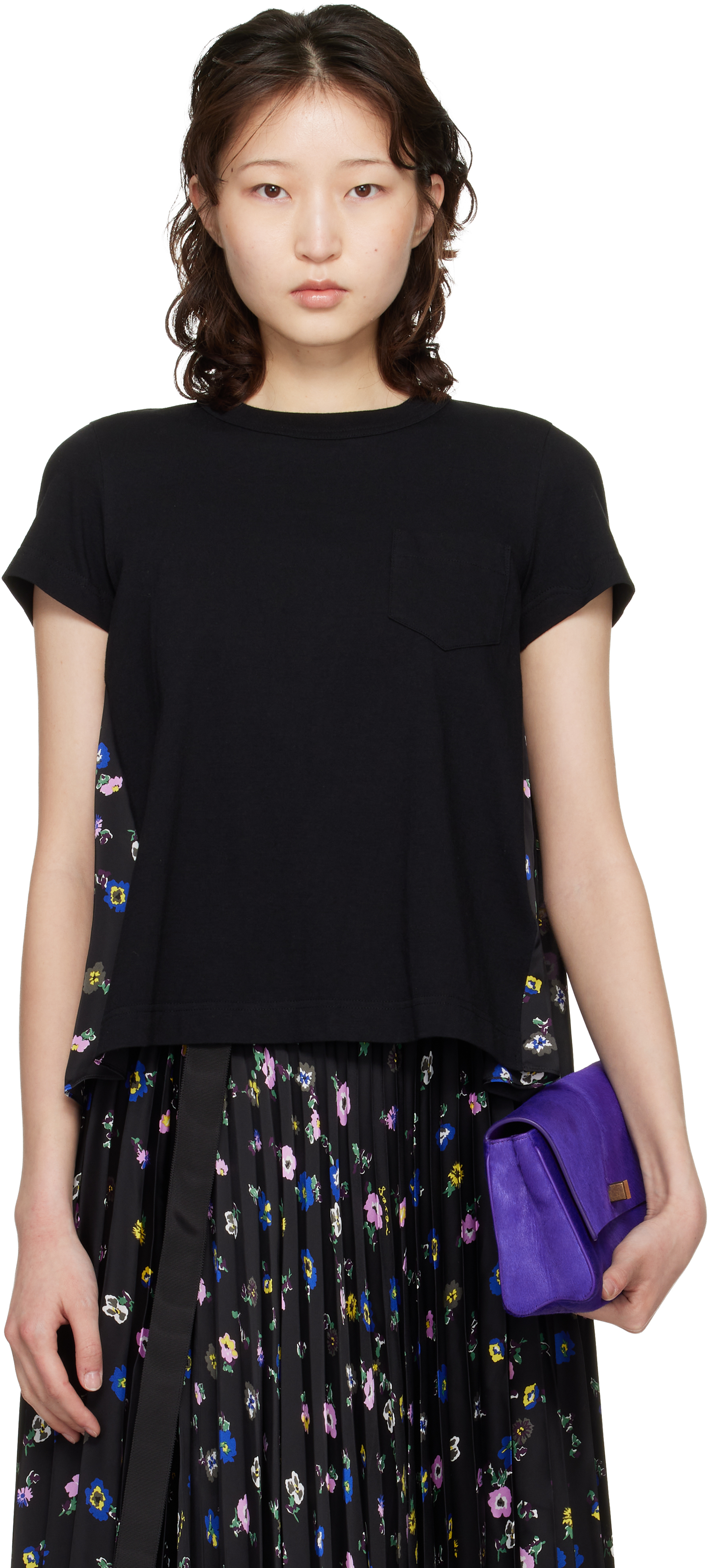 sacai: ブラック フローラル プリントTシャツ | SSENSE 日本