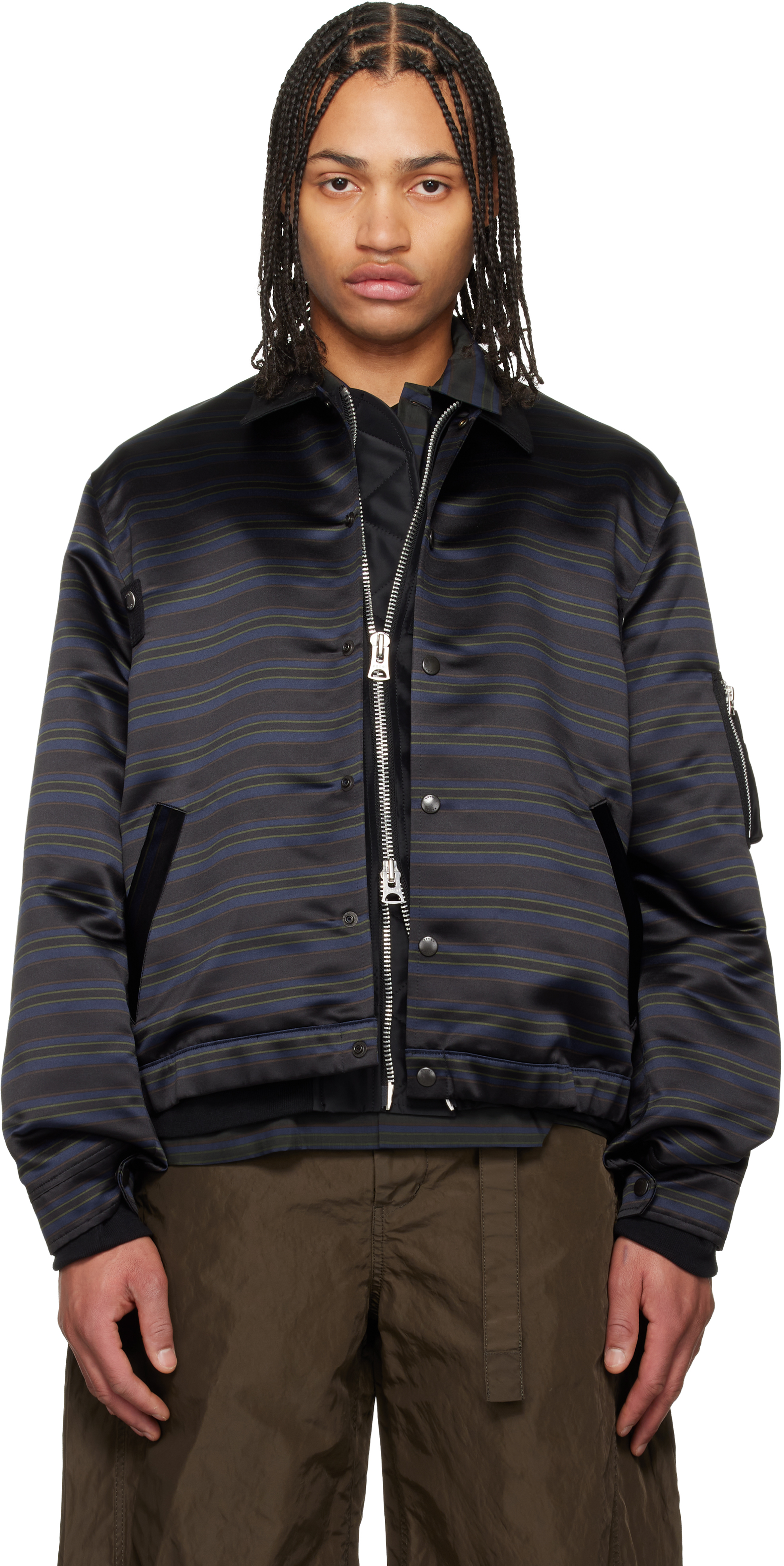 sacai: Navy Horizontal Stripe Blouson Bomber Jacket | SSENSE