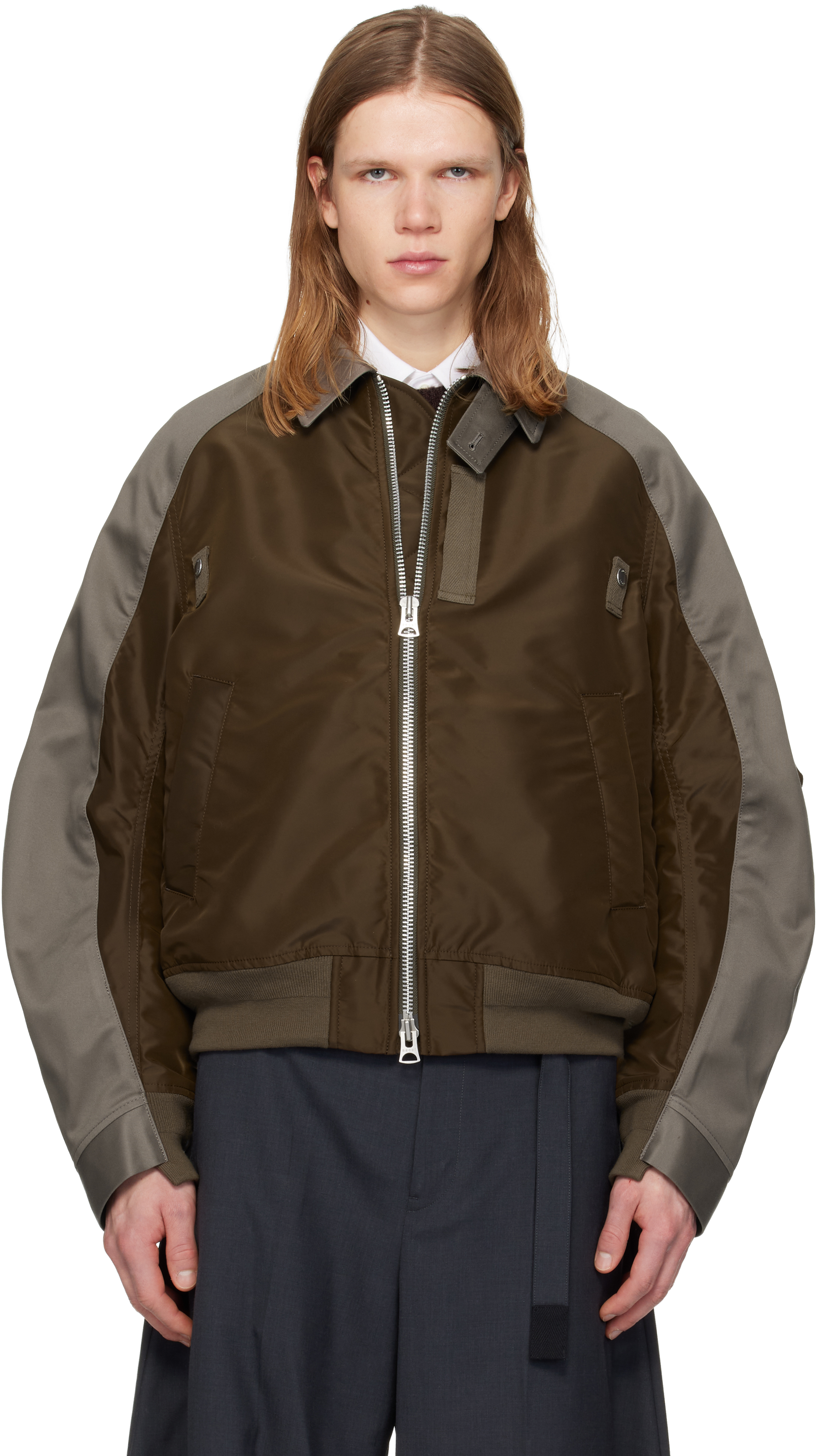 sacai: Brown & Gray Cotton Chino & Nylon Twill Bomber Jacket | SSENSE