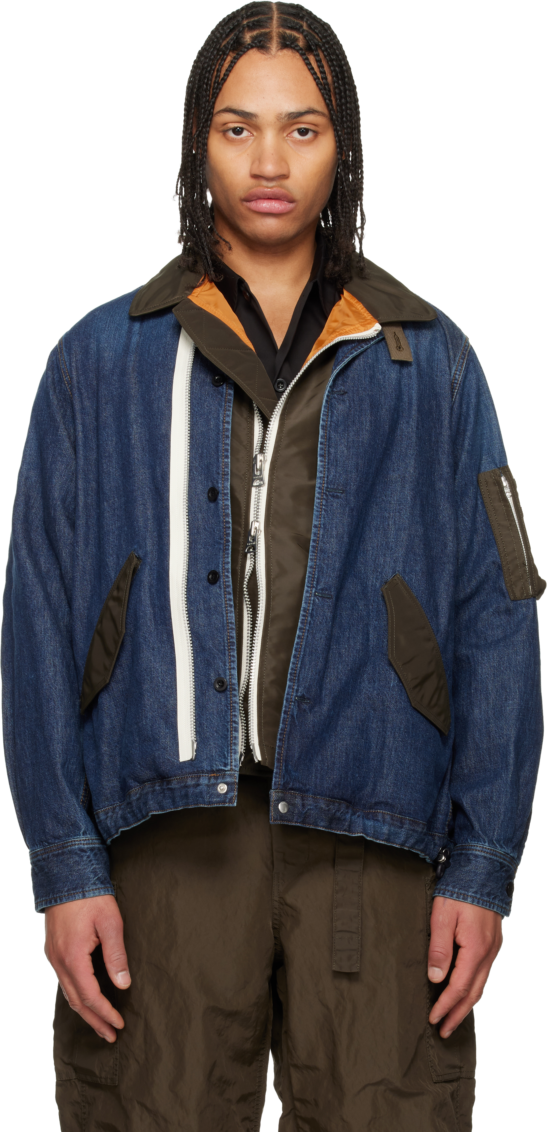 sacai: Blue Denim x Nylon Twill Blouson Denim Jacket | SSENSE