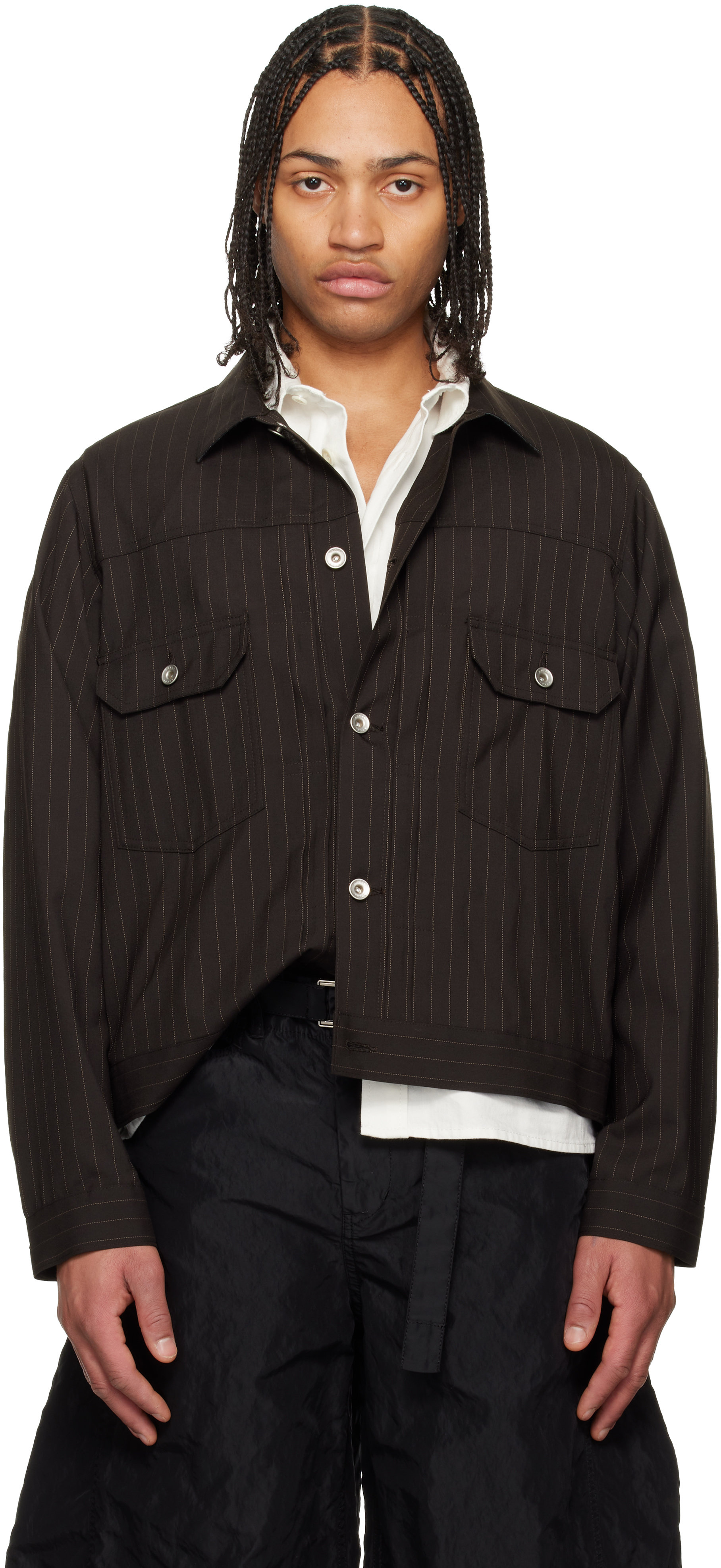 sacai: Brown Chalk Stripe Jacket | SSENSE