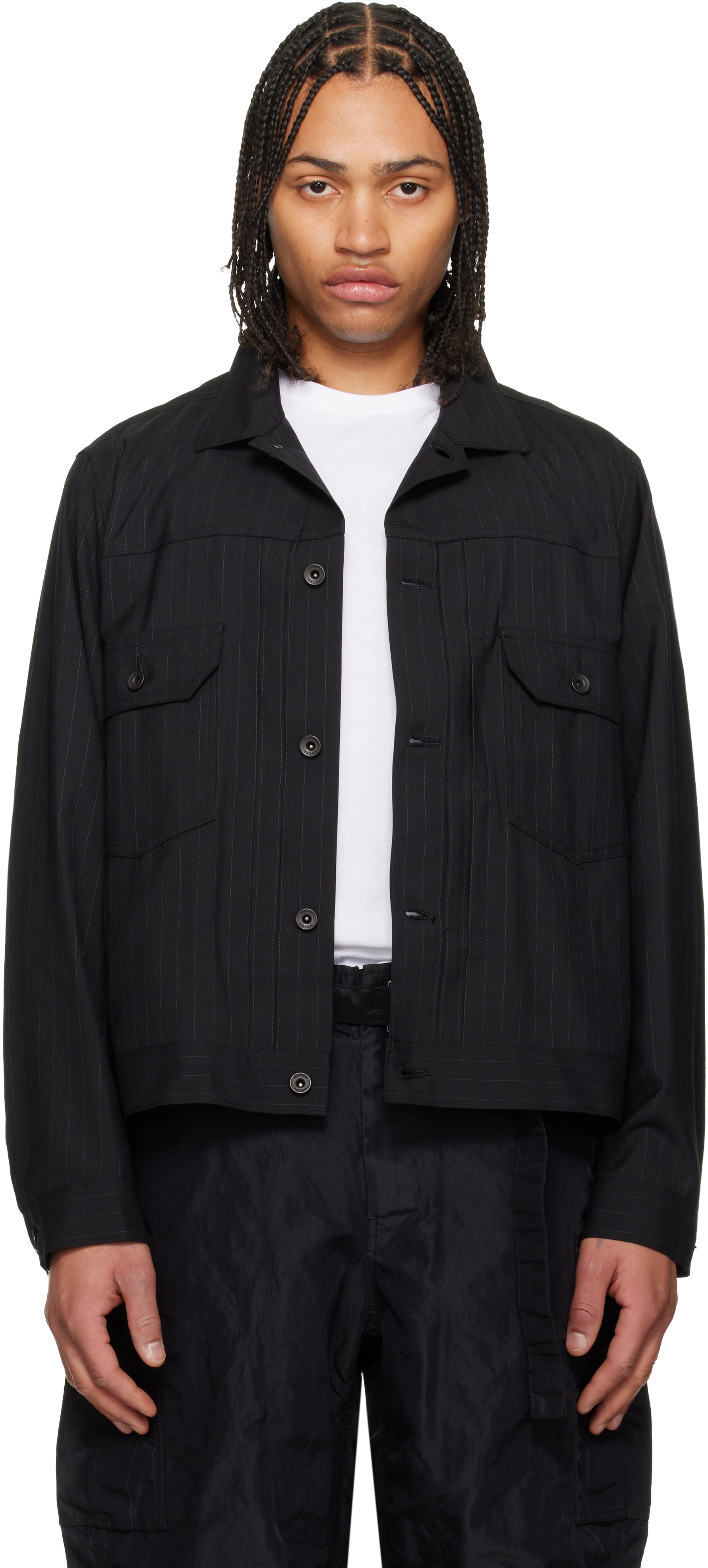 sacai: Black Chalk Stripe Jacket | SSENSE