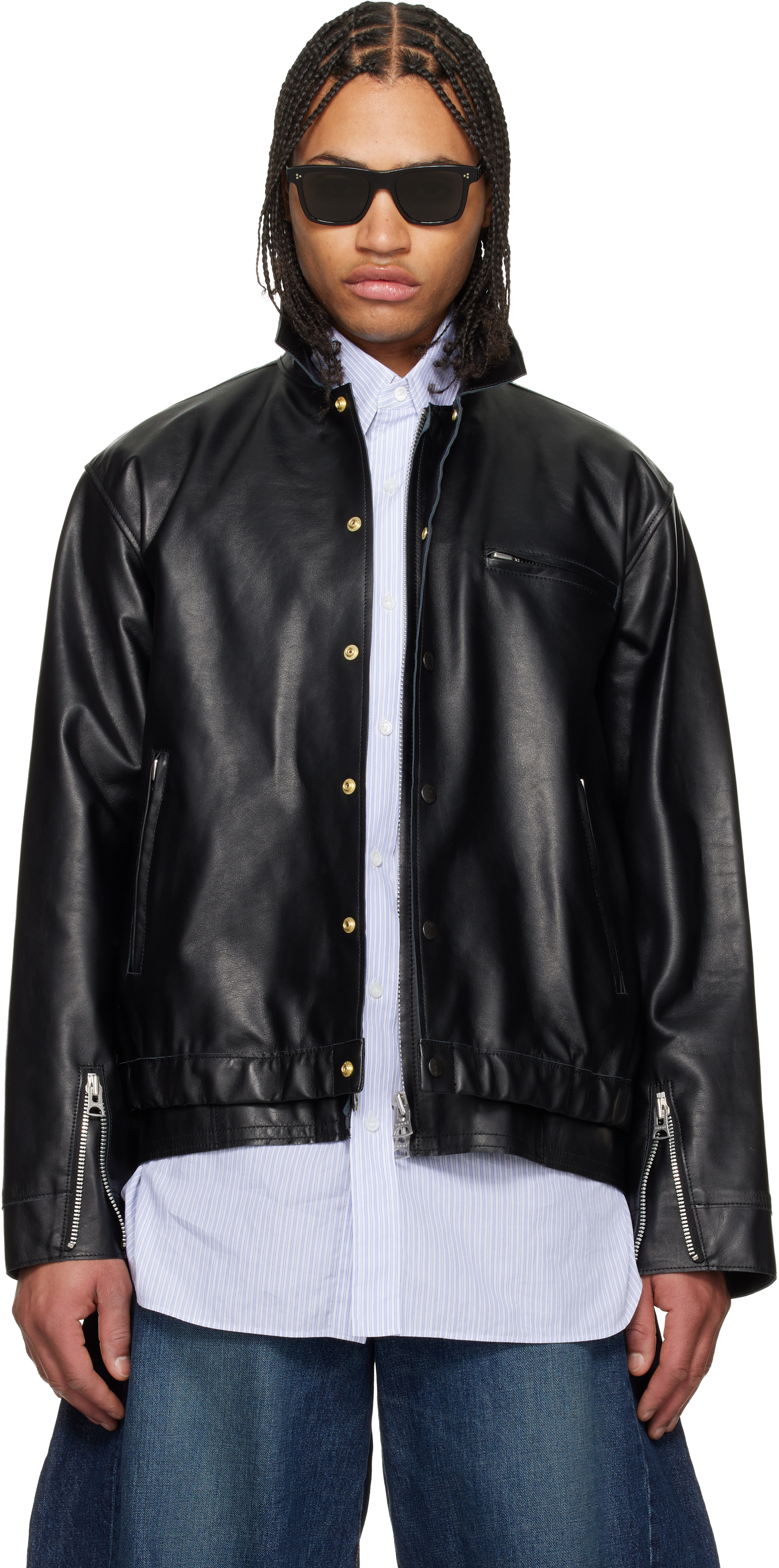 sacai: ブラック レイヤードヘム レザージャケット | SSENSE 日本