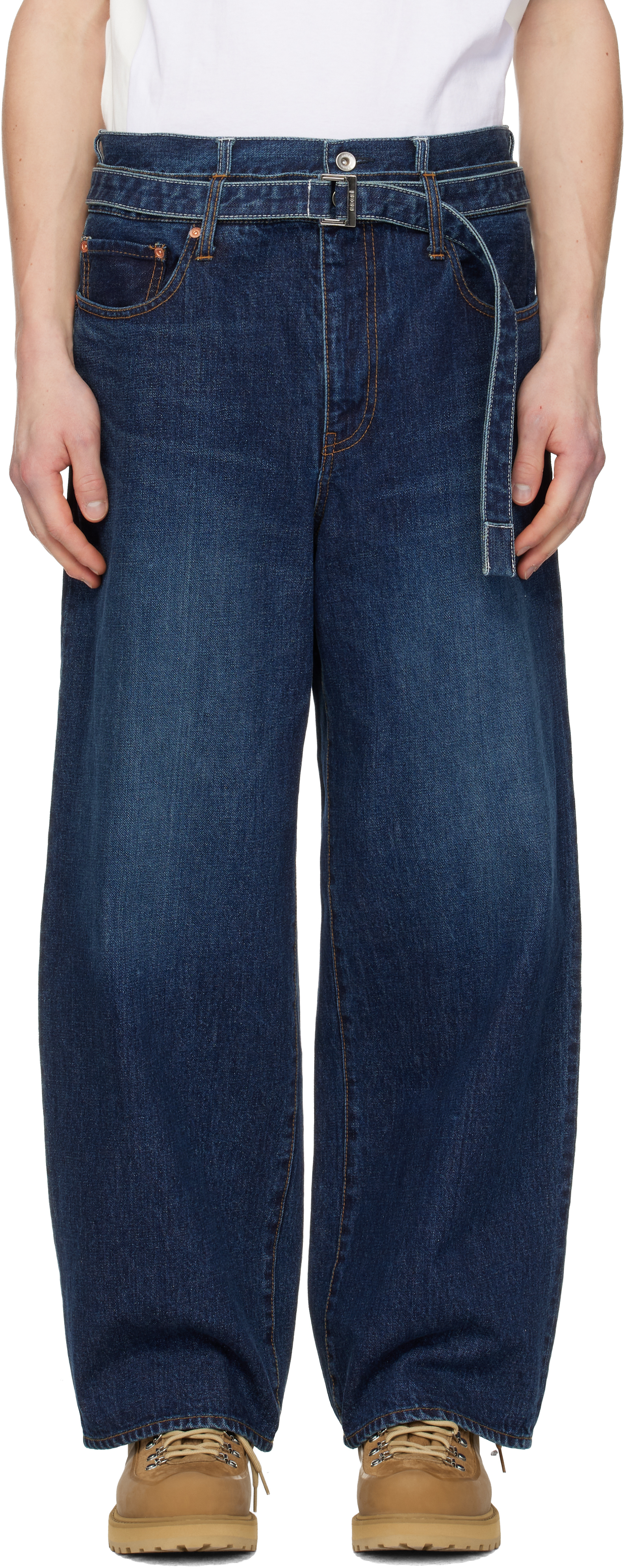 sacai: ネイビー ベルト ジーンズ | SSENSE 日本