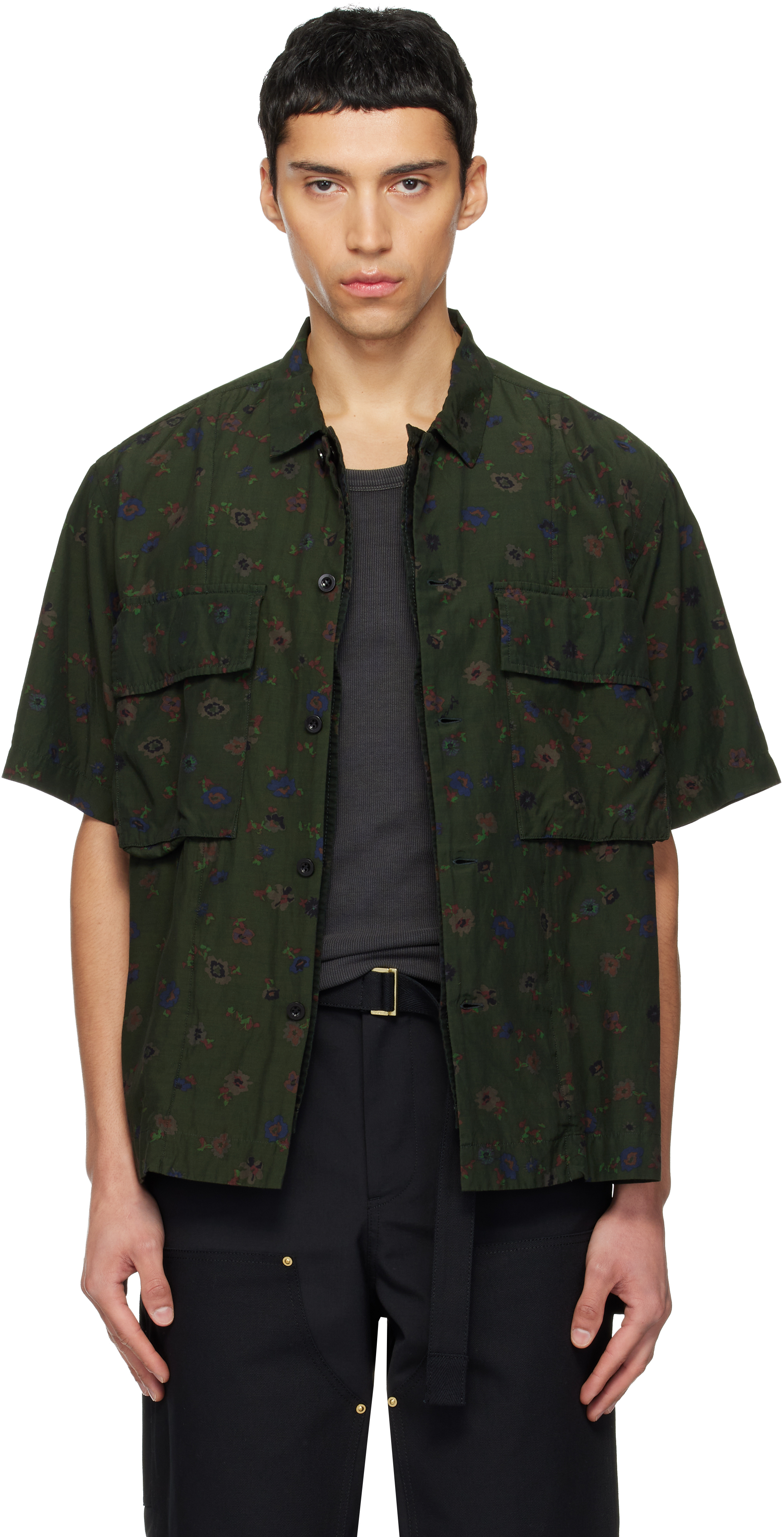 トップス sacai Floral Print Shirt sacai: Khaki Overdyed Floral Print Shirt | SSENSE