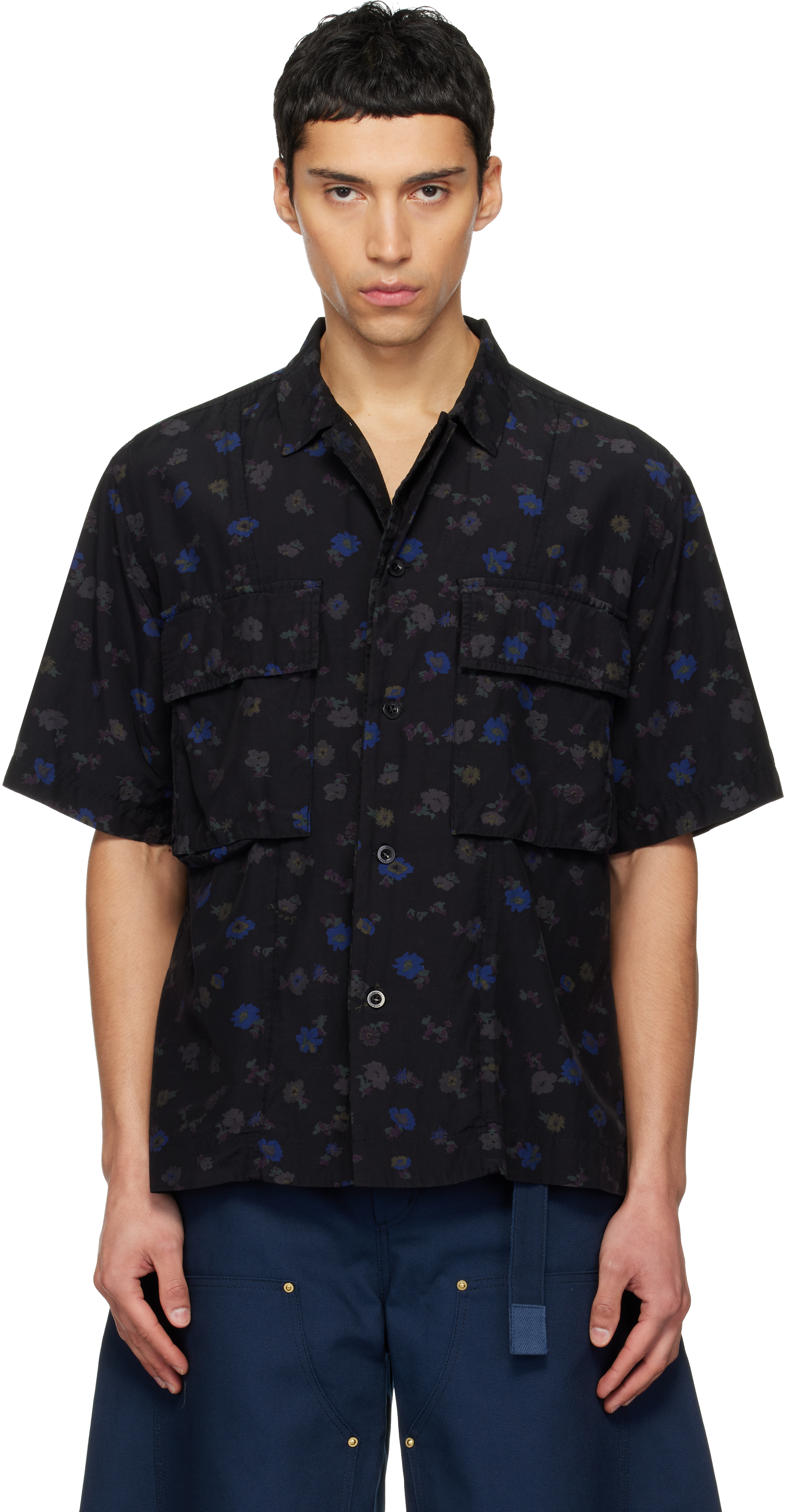 sacai: Black Overdyed Floral Print Shirt | SSENSE