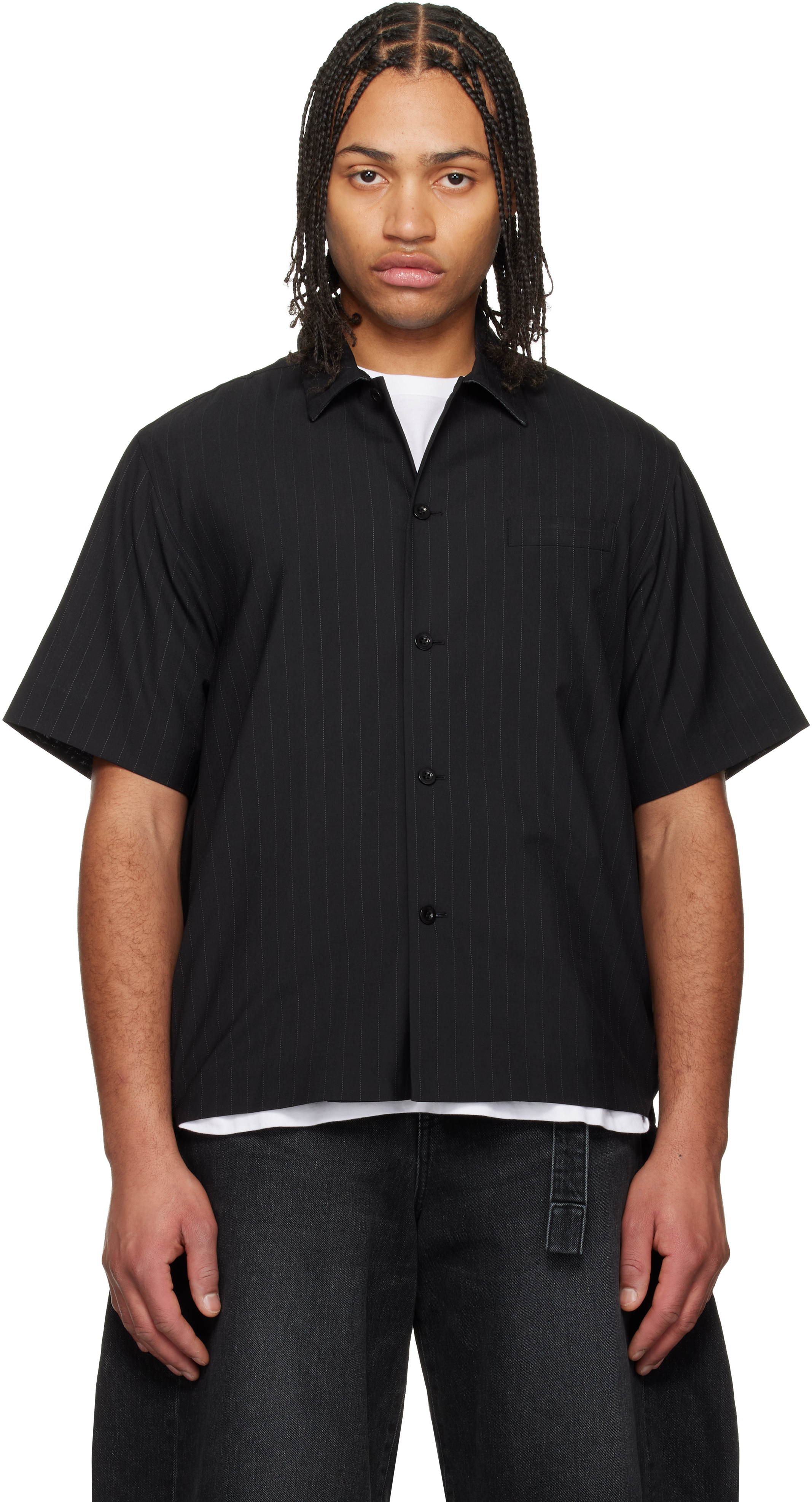 sacai: Black Chalk Stripe Shirt | SSENSE