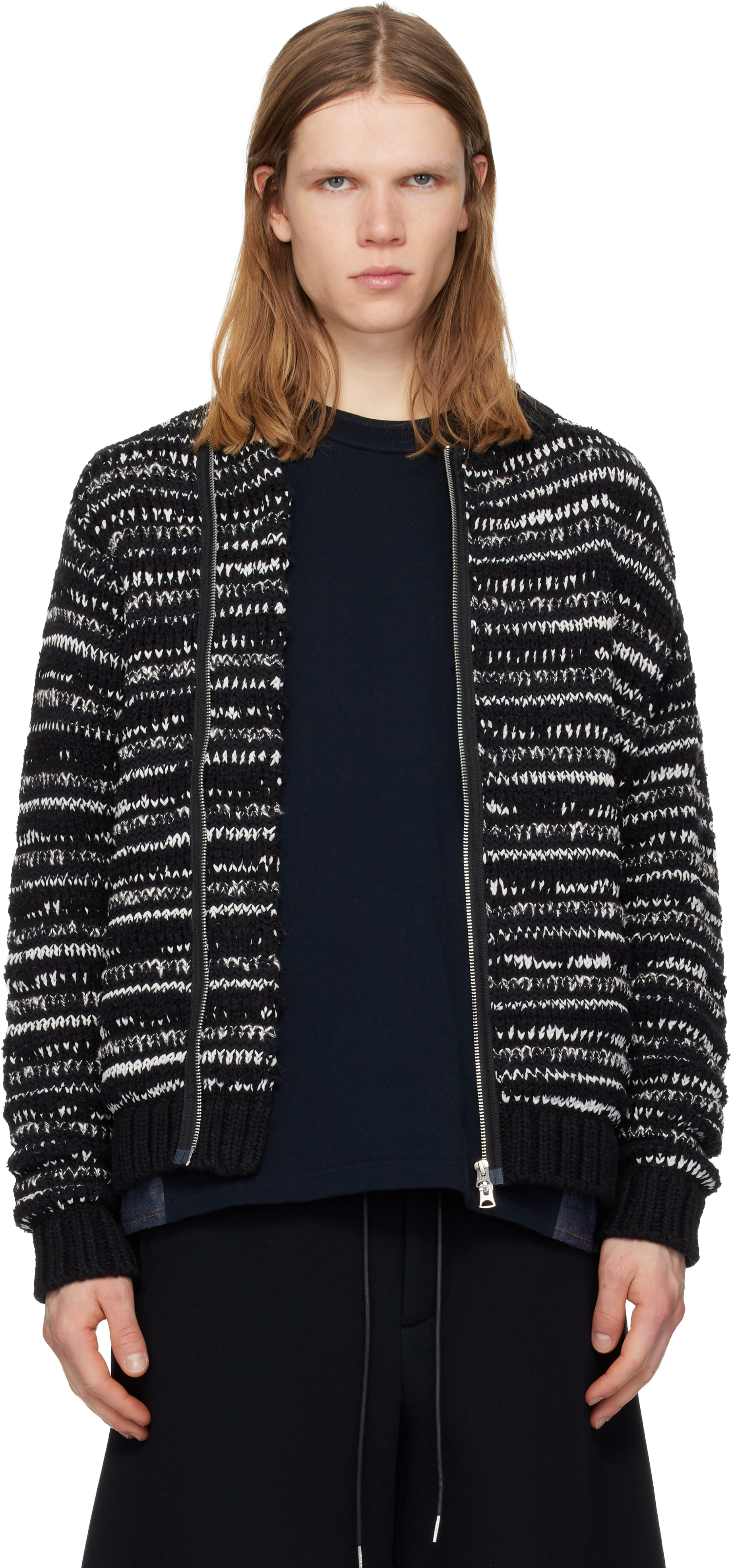 sacai: ブラック＆ホワイト Mix Knit ブルゾン カーディガン | SSENSE 日本