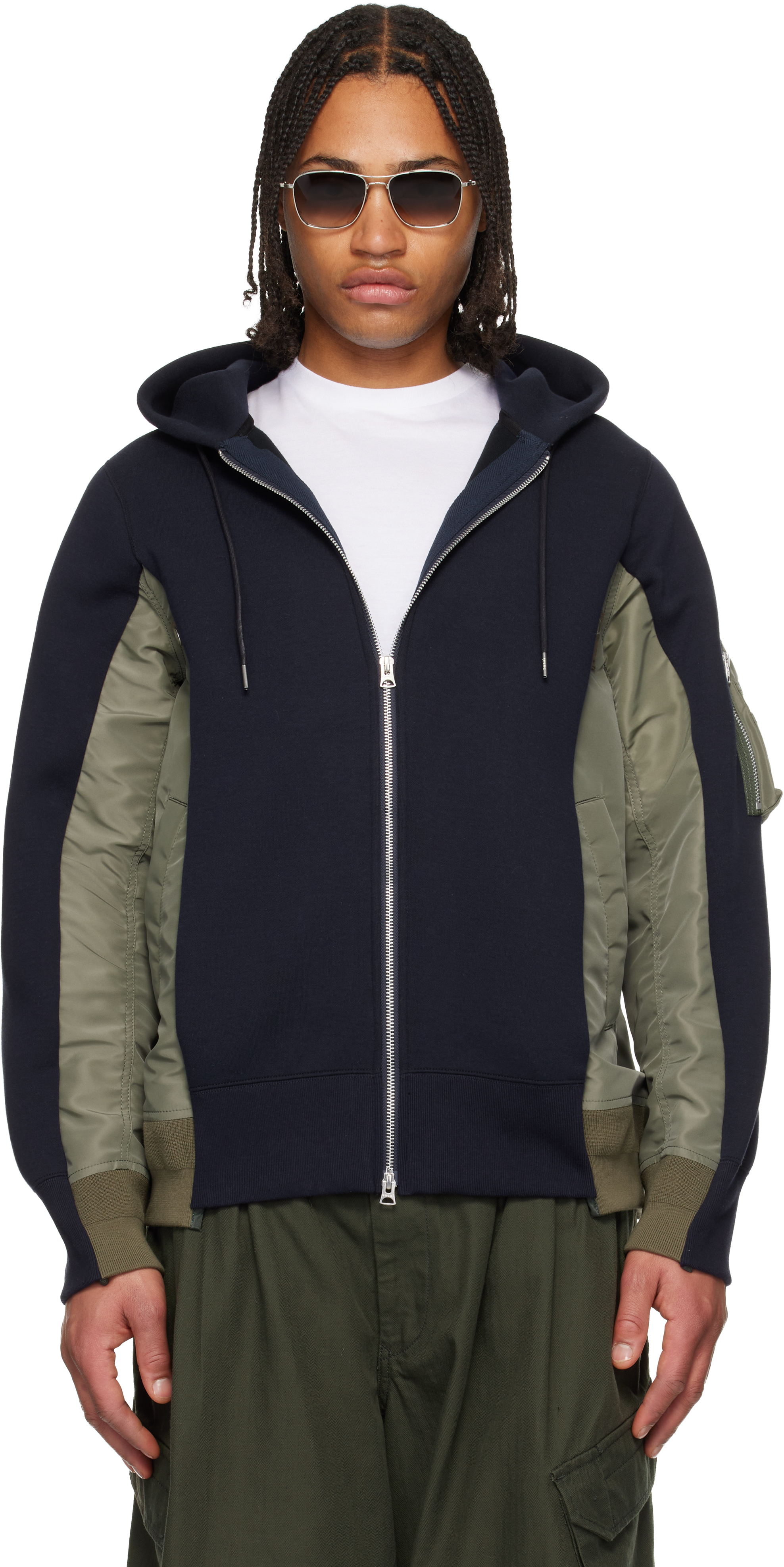 sacai: Navy & Khaki Sponge Sweat & Nylon Twill Hoodie | SSENSE