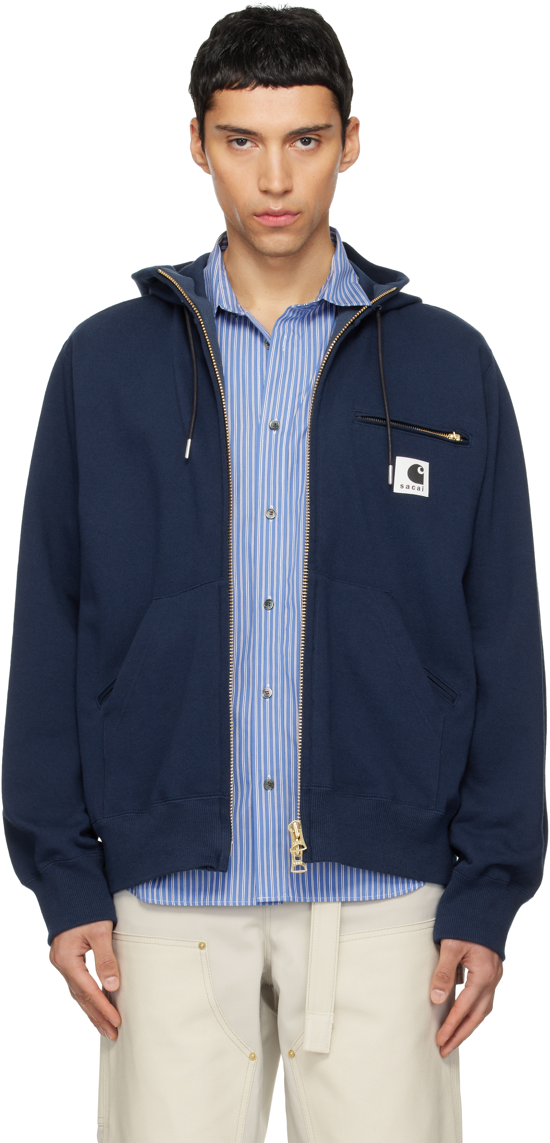 sacai: Navy Carhartt WIP Edition Cotton Jersey Hoodie | SSENSE
