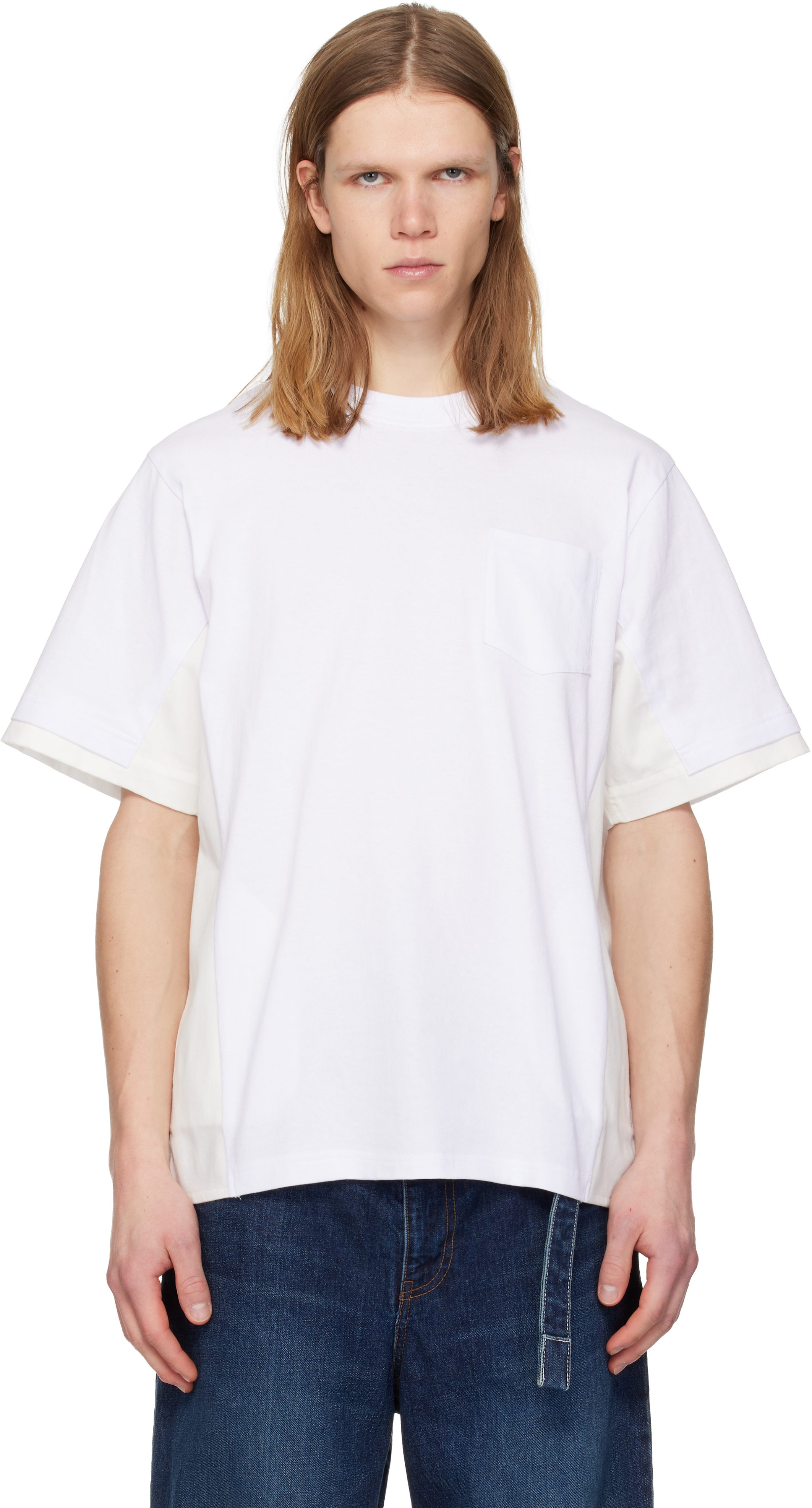 sacai: ホワイト Cotton Jersey & Light Weight Denim Tシャツ