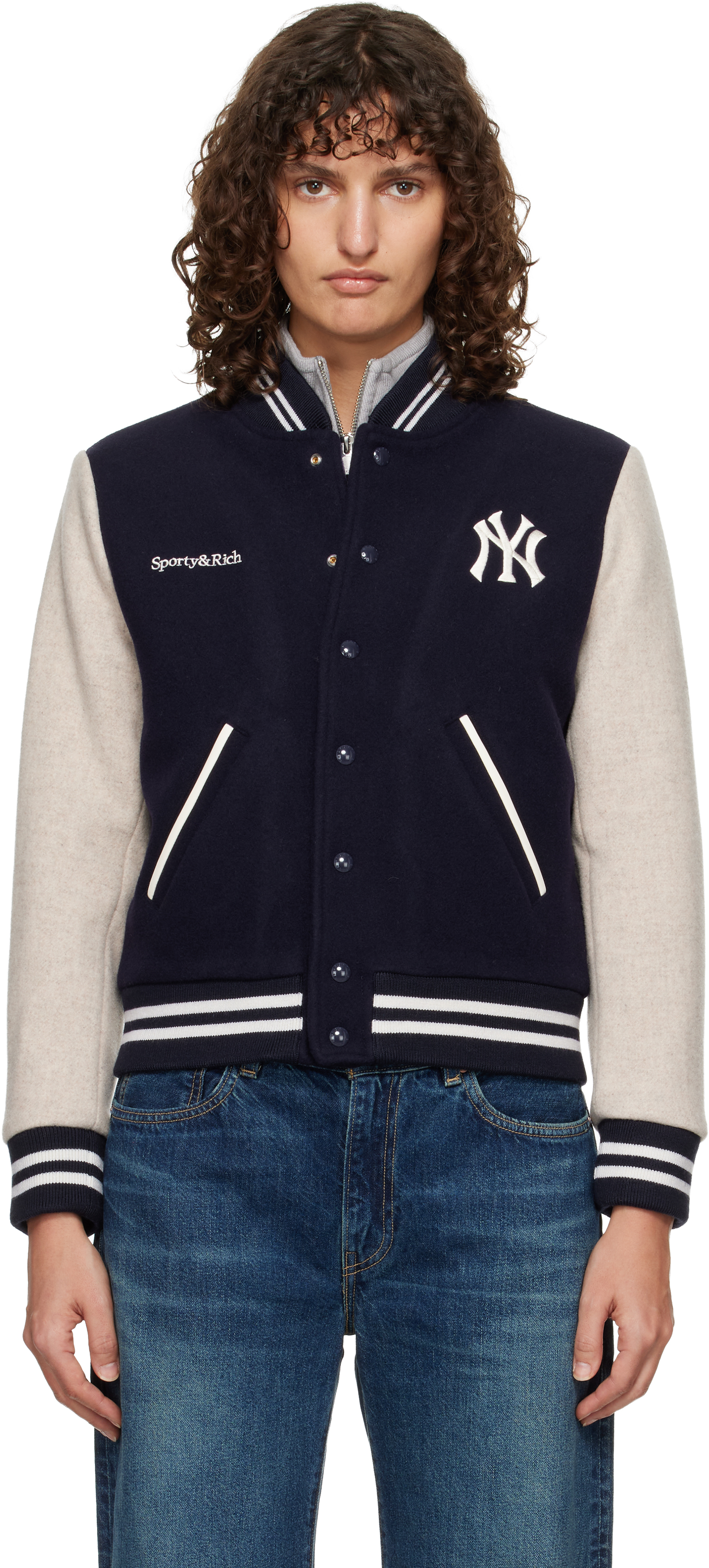 Navy & Beige Yankees Curve Wool Varsity Jacket