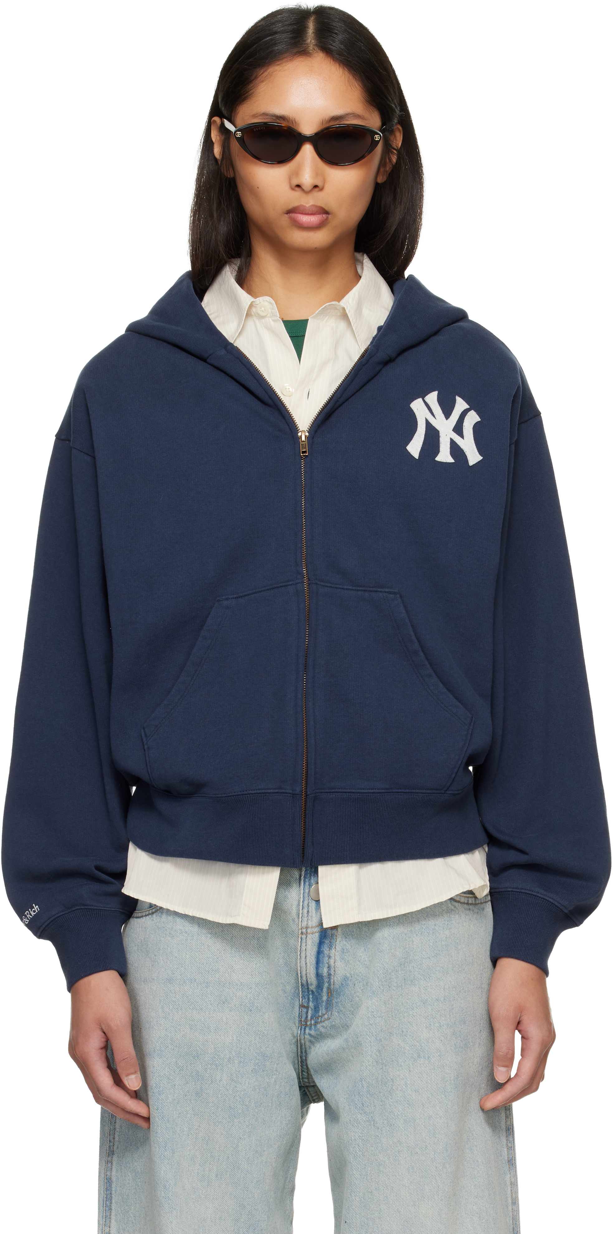 Navy Heritage Yankees Serif Zip Hoodie by Sporty & Rich on Sale